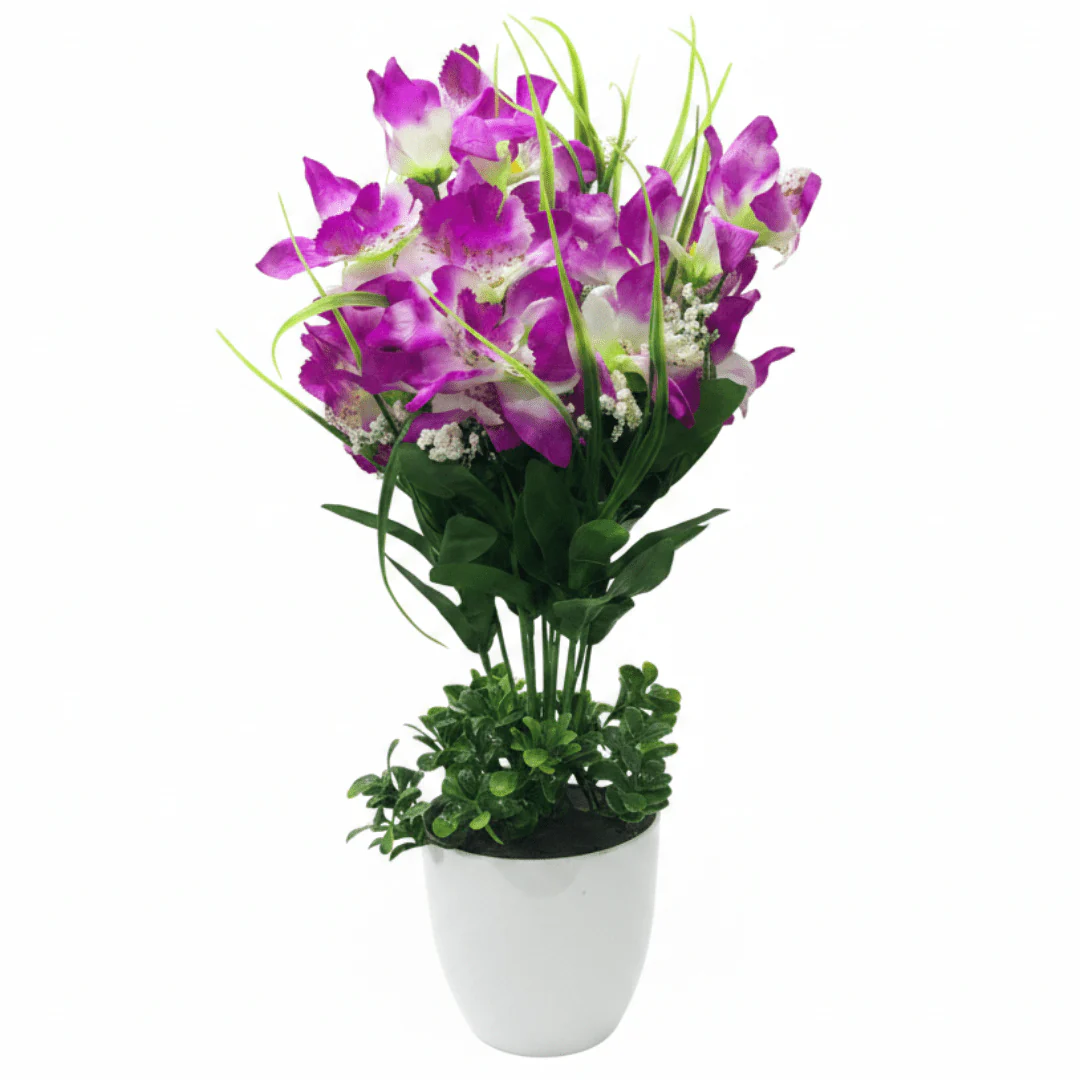 Lavender & White Artificial Orchid Flower Plant | White Plastic Vase | 38cm