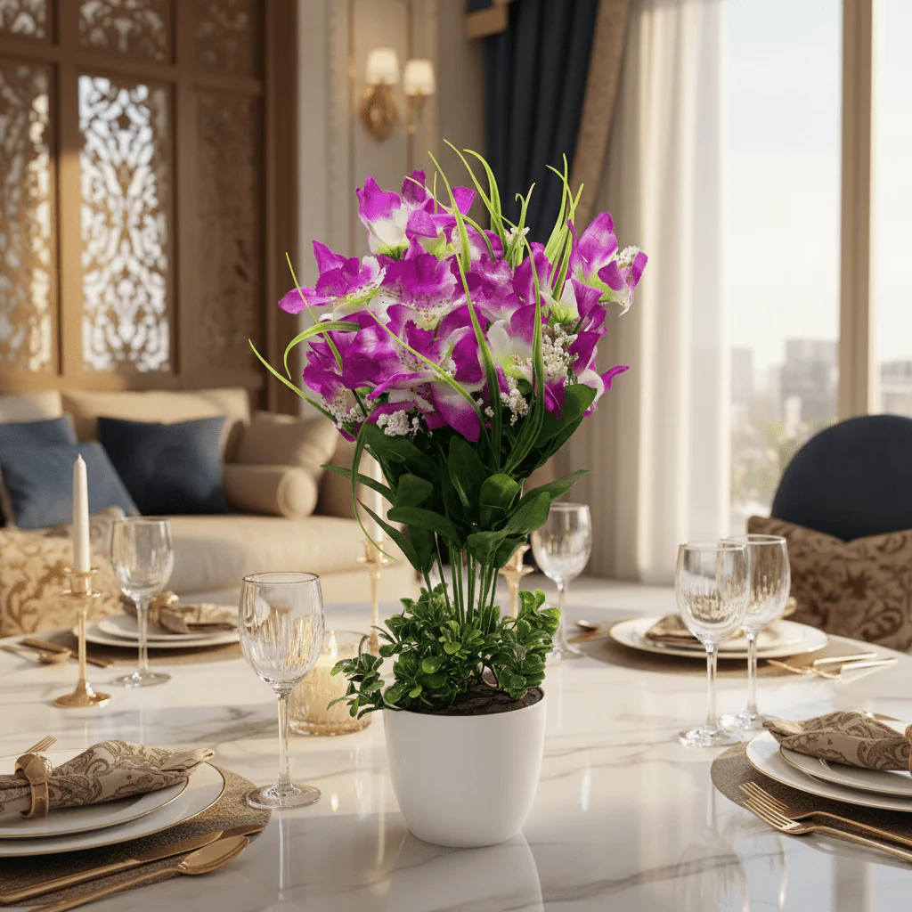 Lavender & White Artificial Orchid Flower Plant | White Plastic Vase | 38cm - Image 3