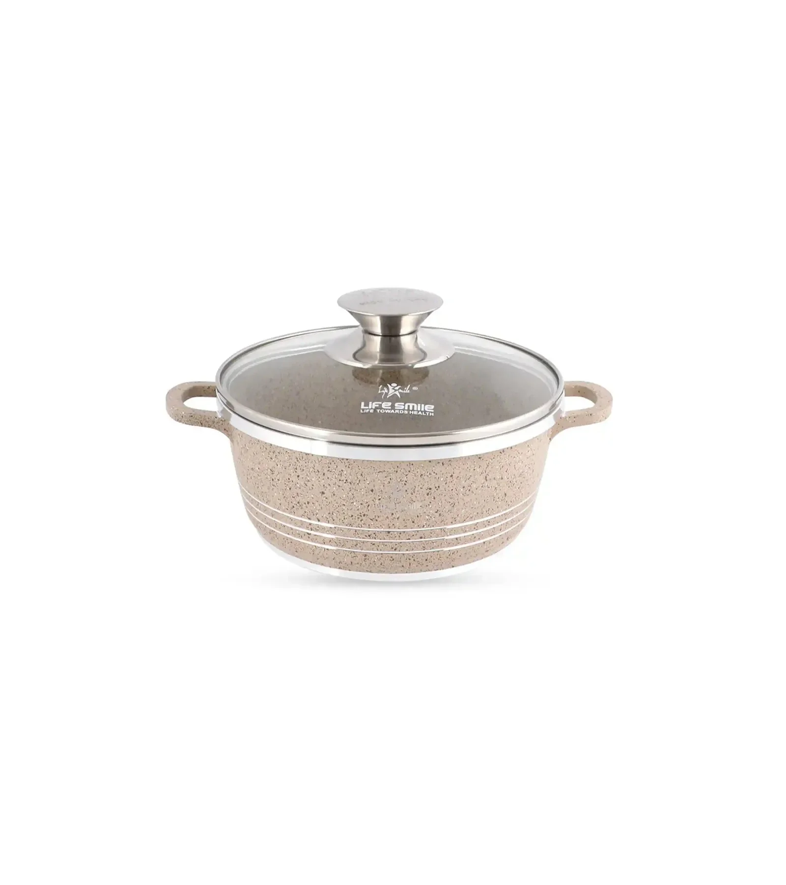 Life Smile 16cm Oven-Safe Granite Coating Cooking Pot with Glass Lid Beige/Black/Gray