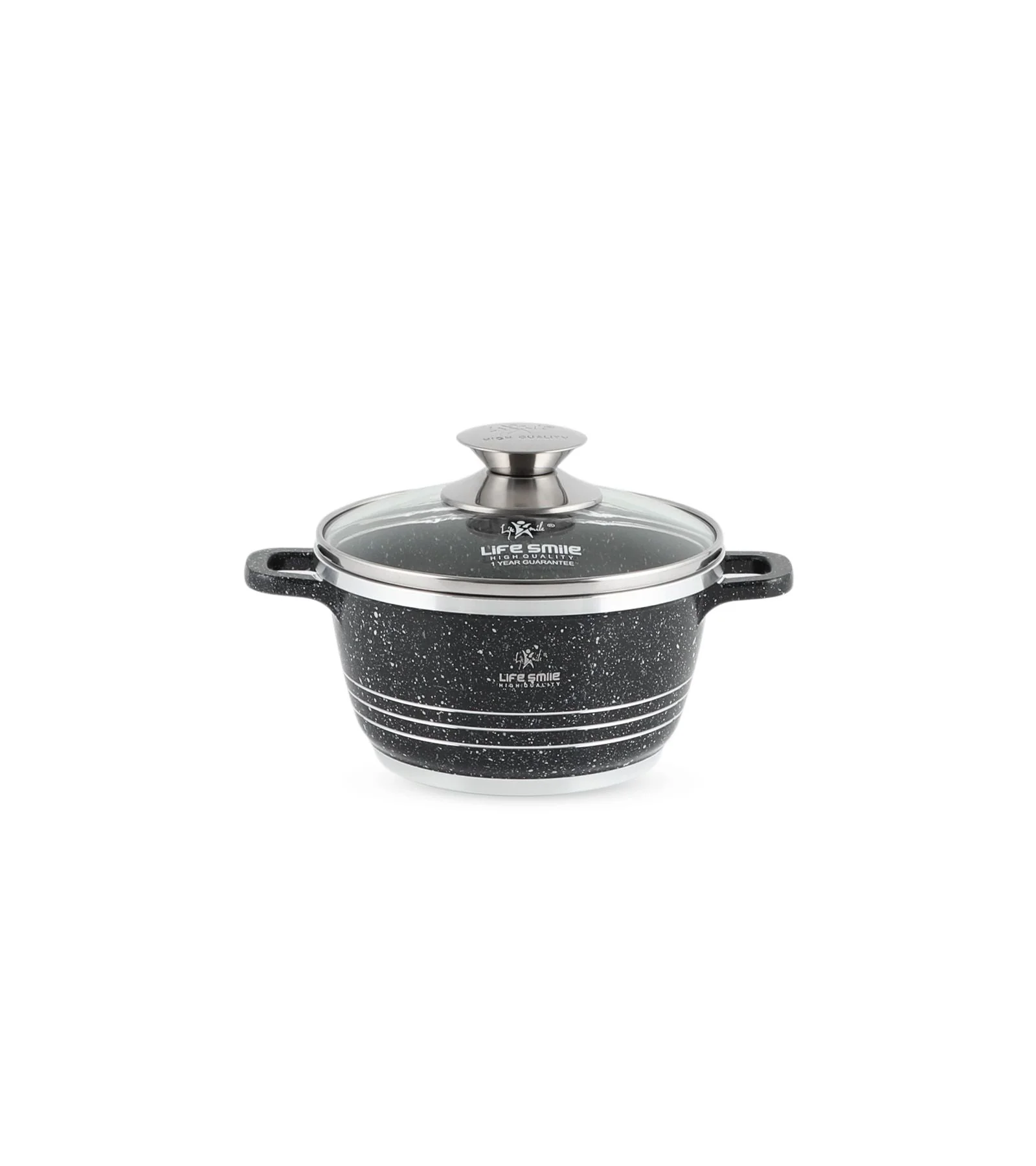 Life Smile 16cm Oven-Safe Granite Coating Cooking Pot with Glass Lid Beige/Black/Gray - Image 2