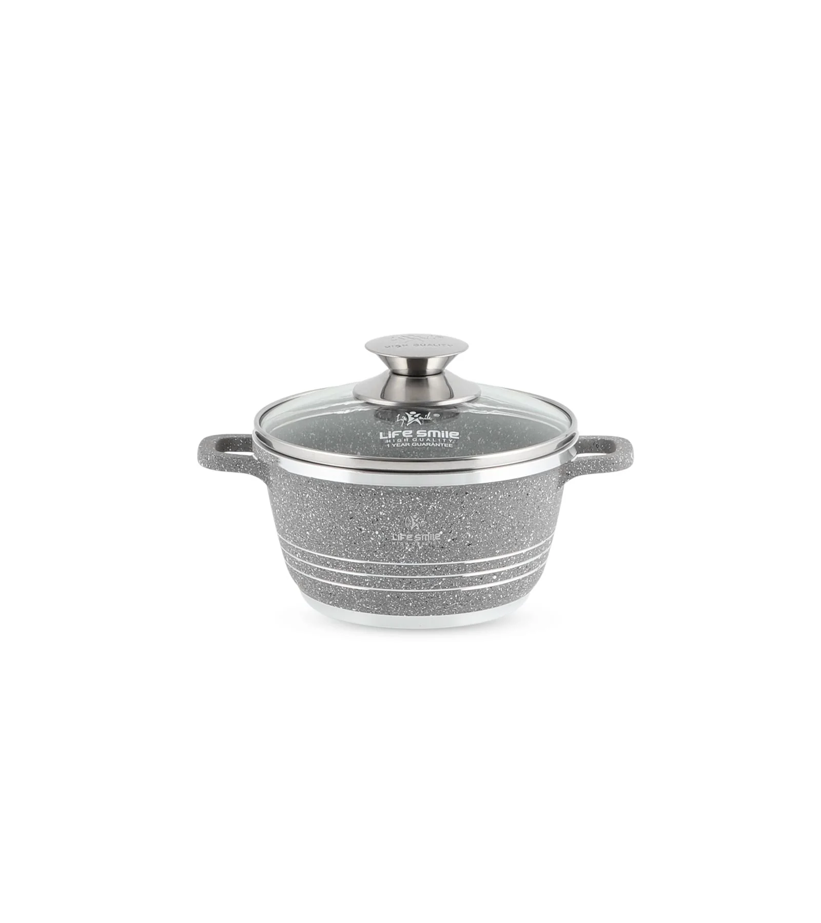 Life Smile 16cm Oven-Safe Granite Coating Cooking Pot with Glass Lid Beige/Black/Gray - Image 3