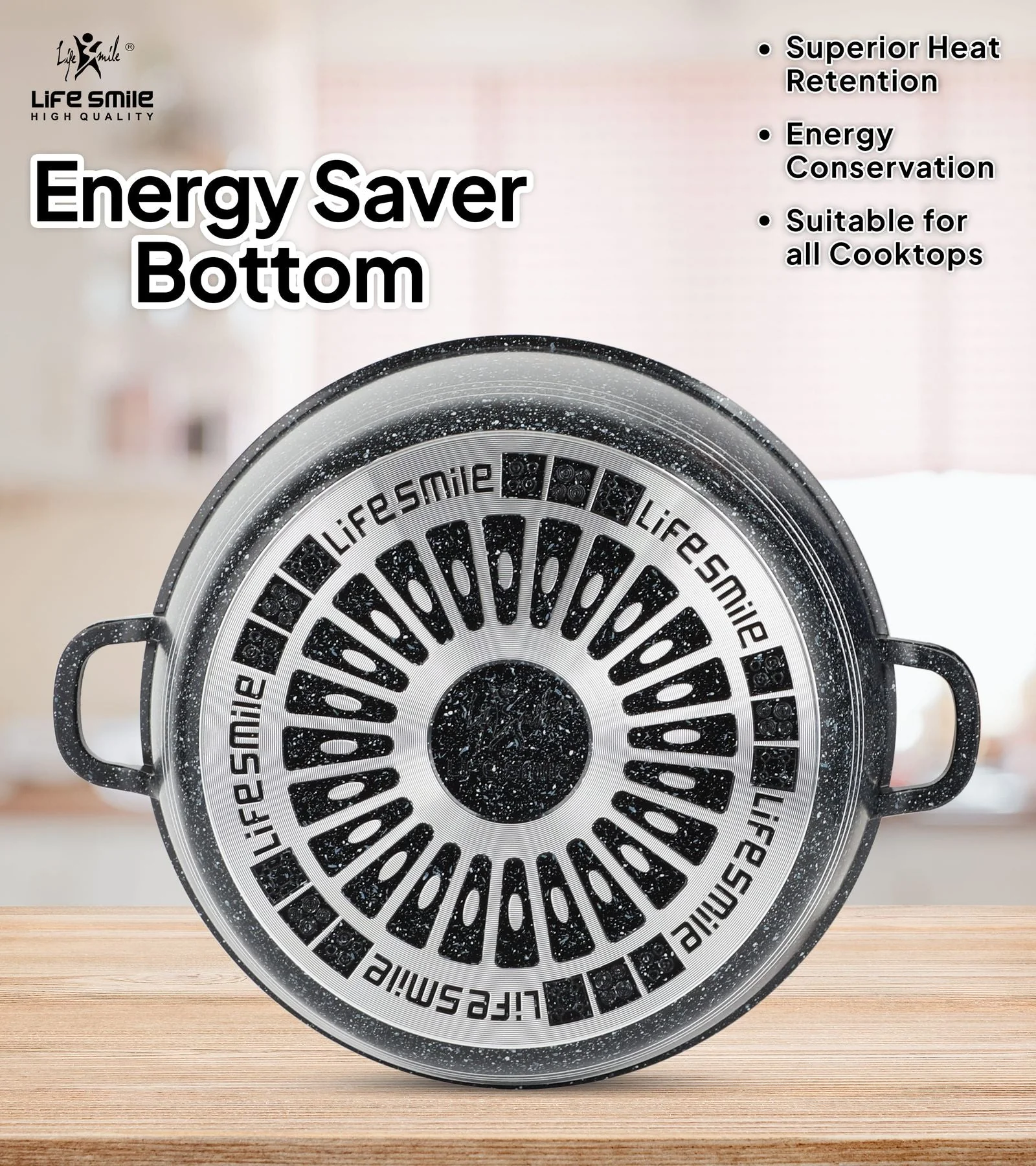 Life Smile 16cm Oven-Safe Granite Coating Cooking Pot with Glass Lid Beige/Black/Gray - Image 4