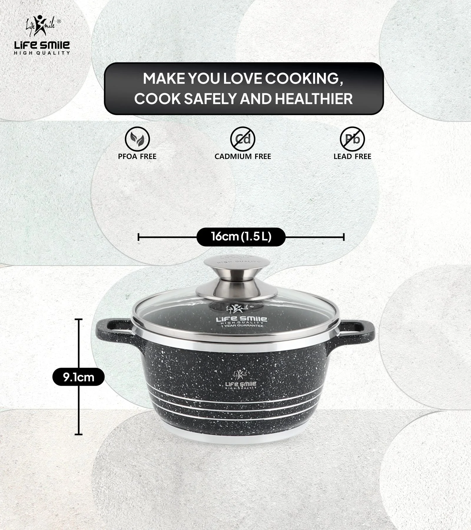 Life Smile 16cm Oven-Safe Granite Coating Cooking Pot with Glass Lid Beige/Black/Gray - Image 5