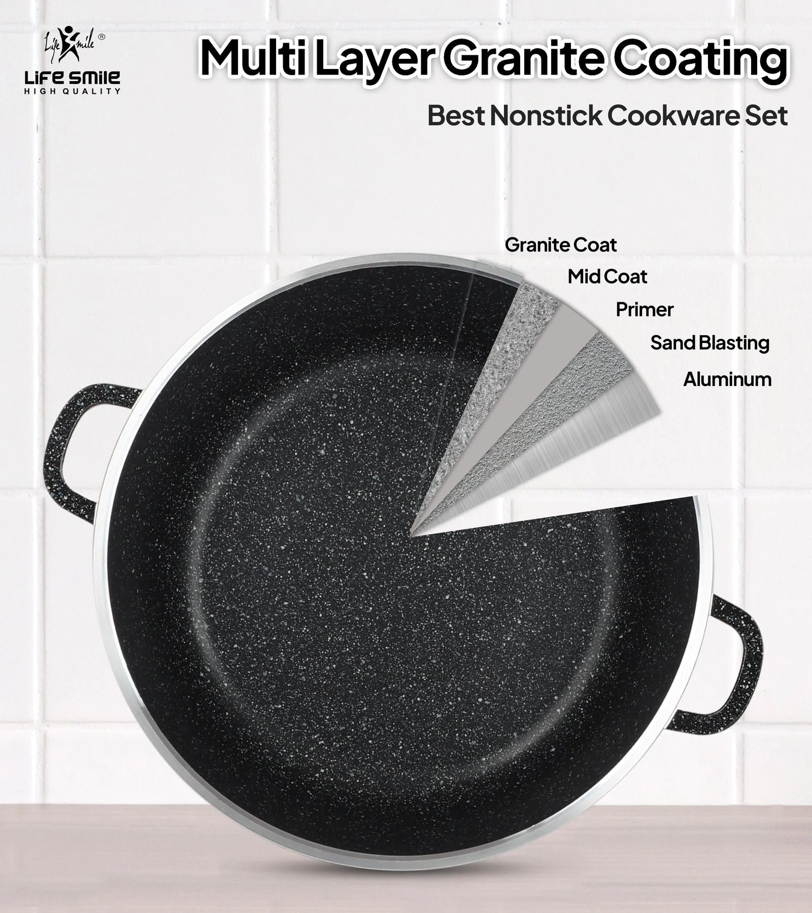 Life Smile 16cm Oven-Safe Granite Coating Cooking Pot with Glass Lid Beige/Black/Gray - Image 6