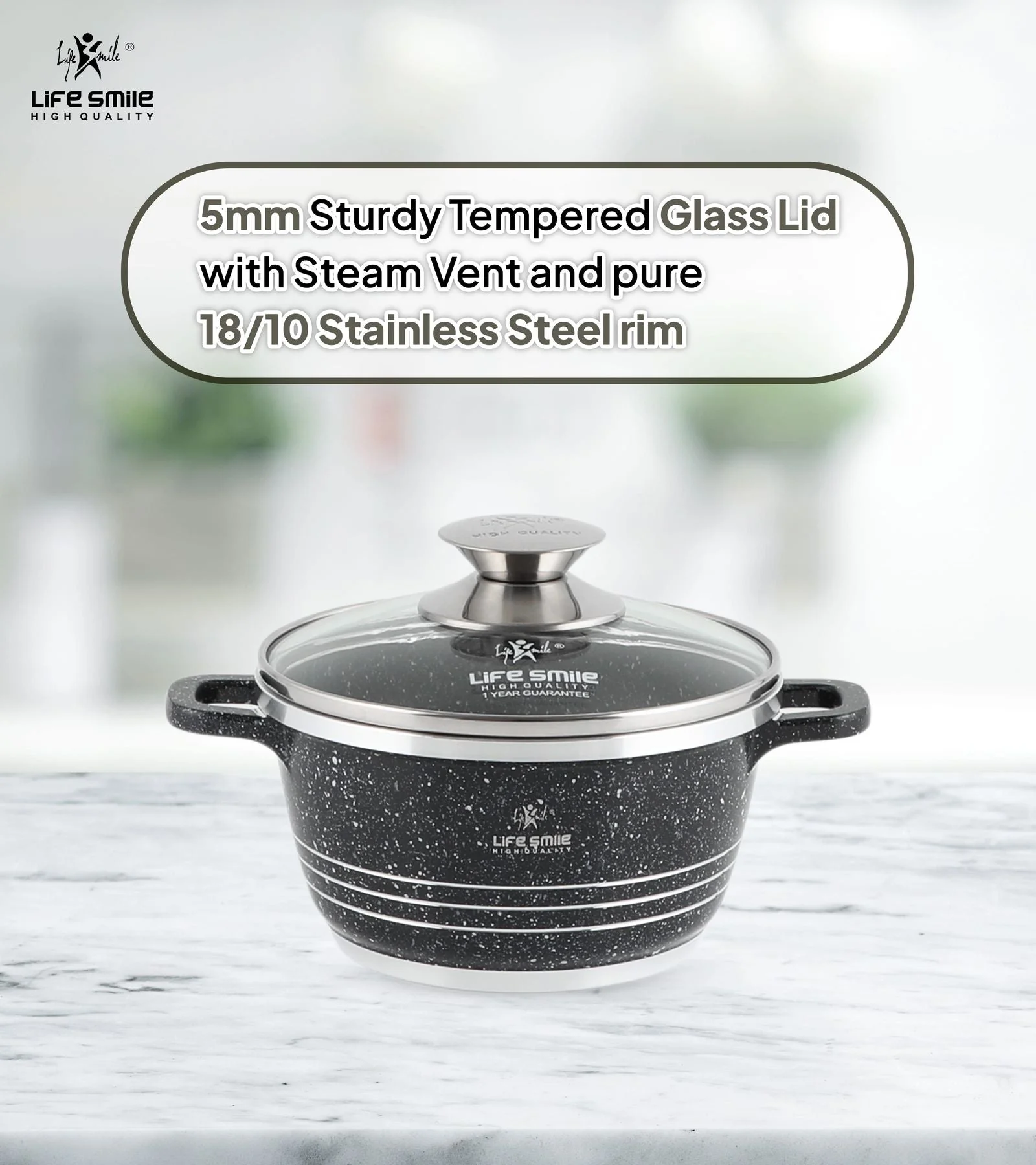 Life Smile 16cm Oven-Safe Granite Coating Cooking Pot with Glass Lid Beige/Black/Gray - Image 7