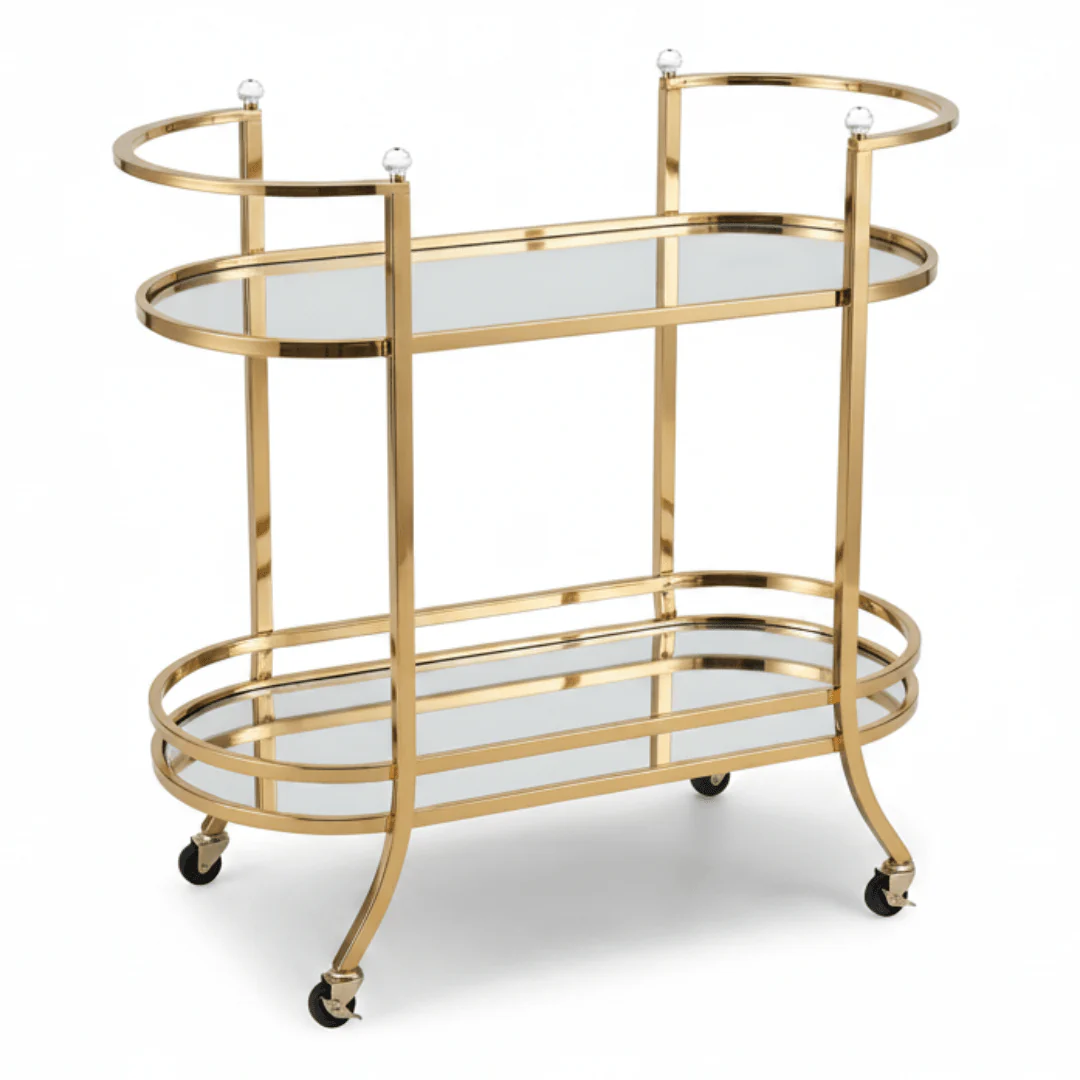 Life Smile 2-Tier Gold Metal & Glass Serving Trolley | Oval Cart with Wheels | 87×75×37 cm | Multi-Purpose Hospitality & Home Décor Trolley |