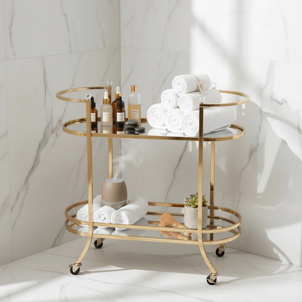 Life Smile 2-Tier Gold Metal & Glass Serving Trolley | Oval Cart with Wheels | 87×75×37 cm | Multi-Purpose Hospitality & Home Décor Trolley | - Image 4