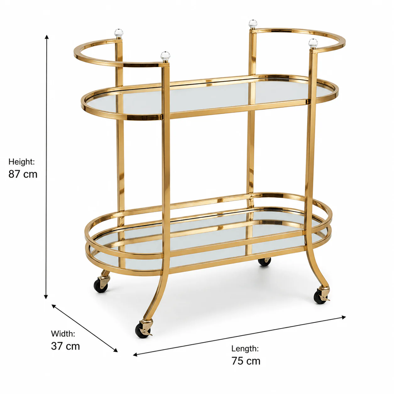 Life Smile 2-Tier Gold Metal & Glass Serving Trolley | Oval Cart with Wheels | 87×75×37 cm | Multi-Purpose Hospitality & Home Décor Trolley | - Image 5