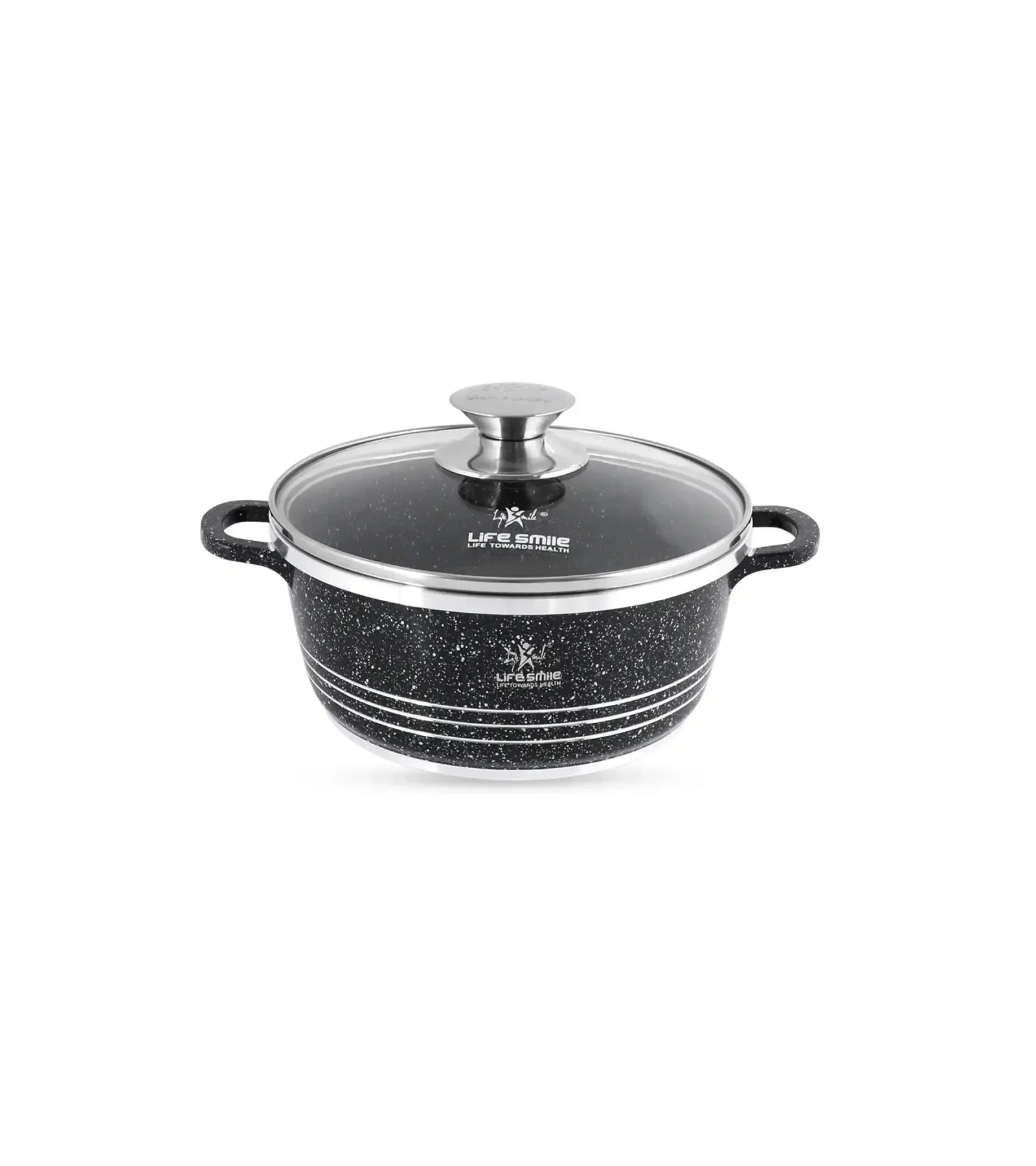 Life Smile 20cm Oven-Safe Granite Coating Cooking Pot with Glass Lid Beige/Black/Gray - Image 2