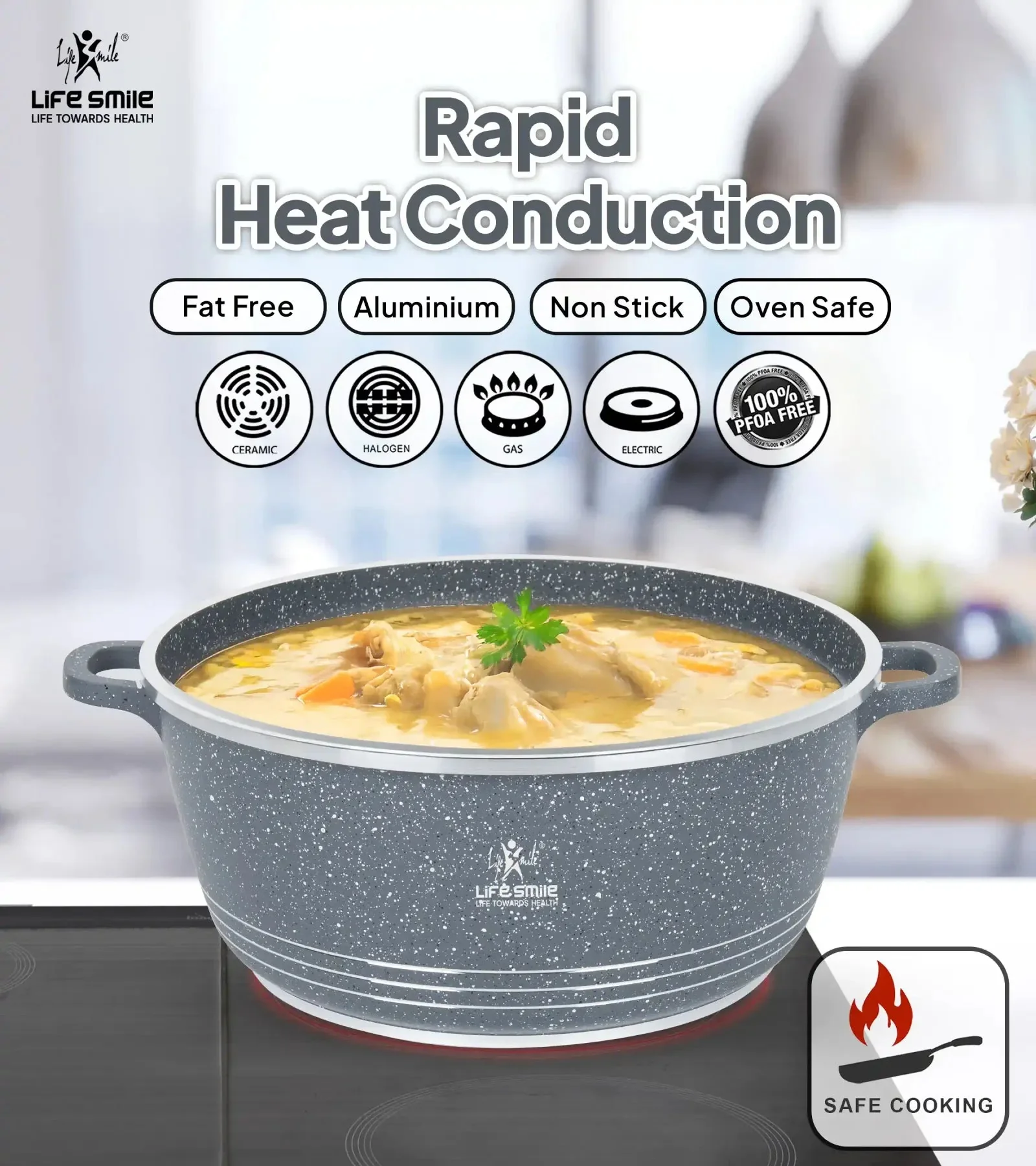 Life Smile 20cm Oven-Safe Granite Coating Cooking Pot with Glass Lid Beige/Black/Gray - Image 7