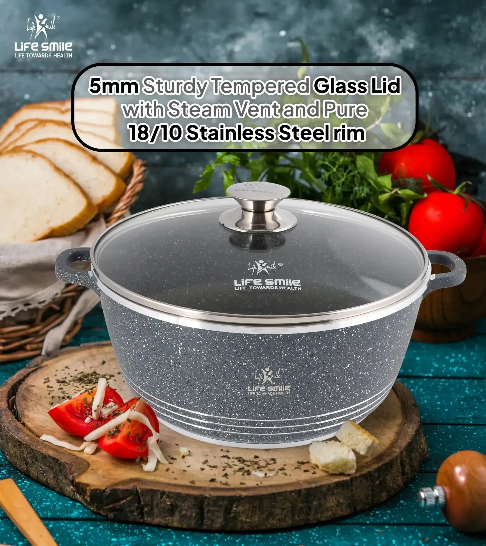 Life Smile 20cm Oven-Safe Granite Coating Cooking Pot with Glass Lid Beige/Black/Gray - Image 8