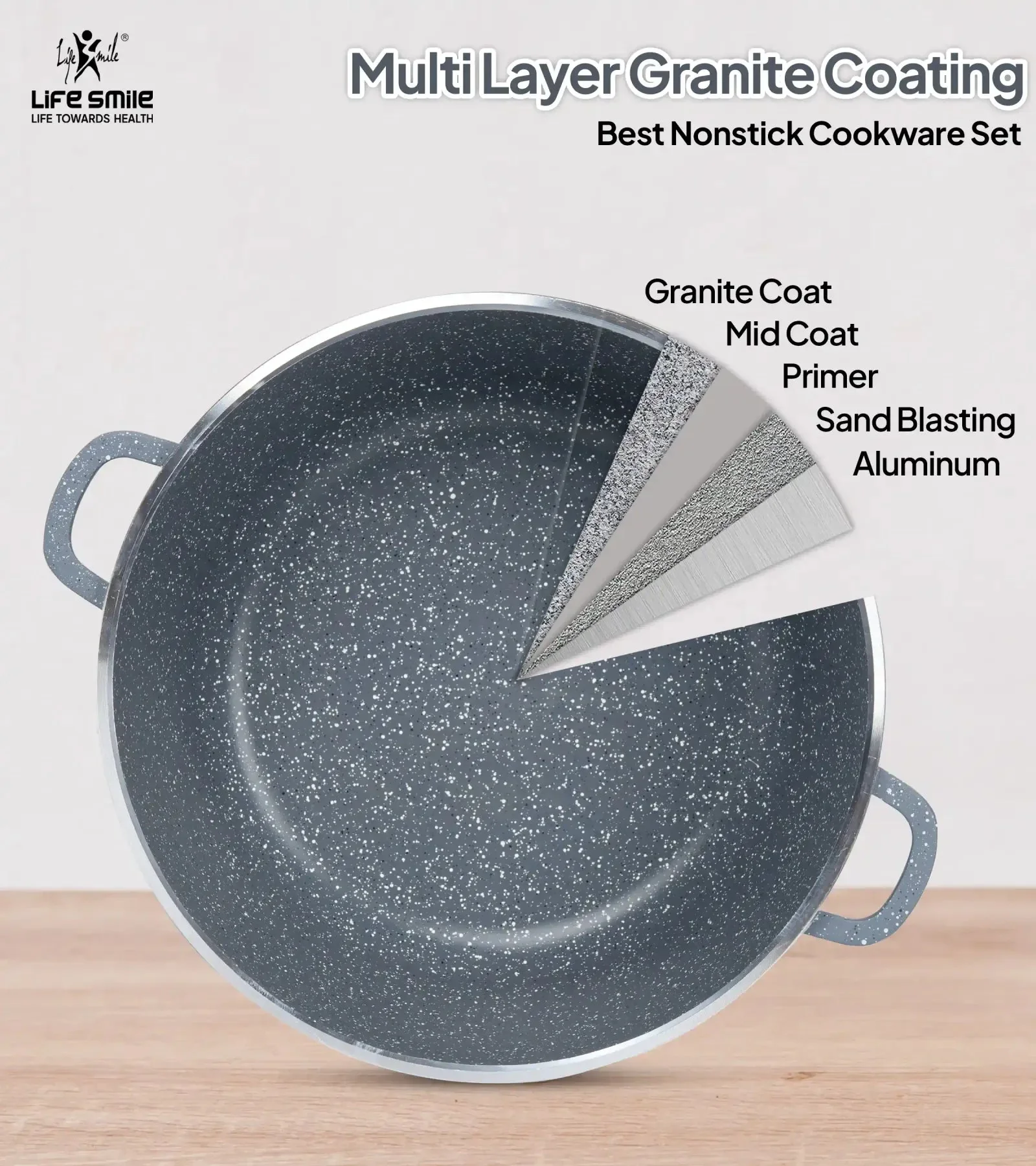 Life Smile 20cm Oven-Safe Granite Coating Cooking Pot with Glass Lid Beige/Black/Gray - Image 9