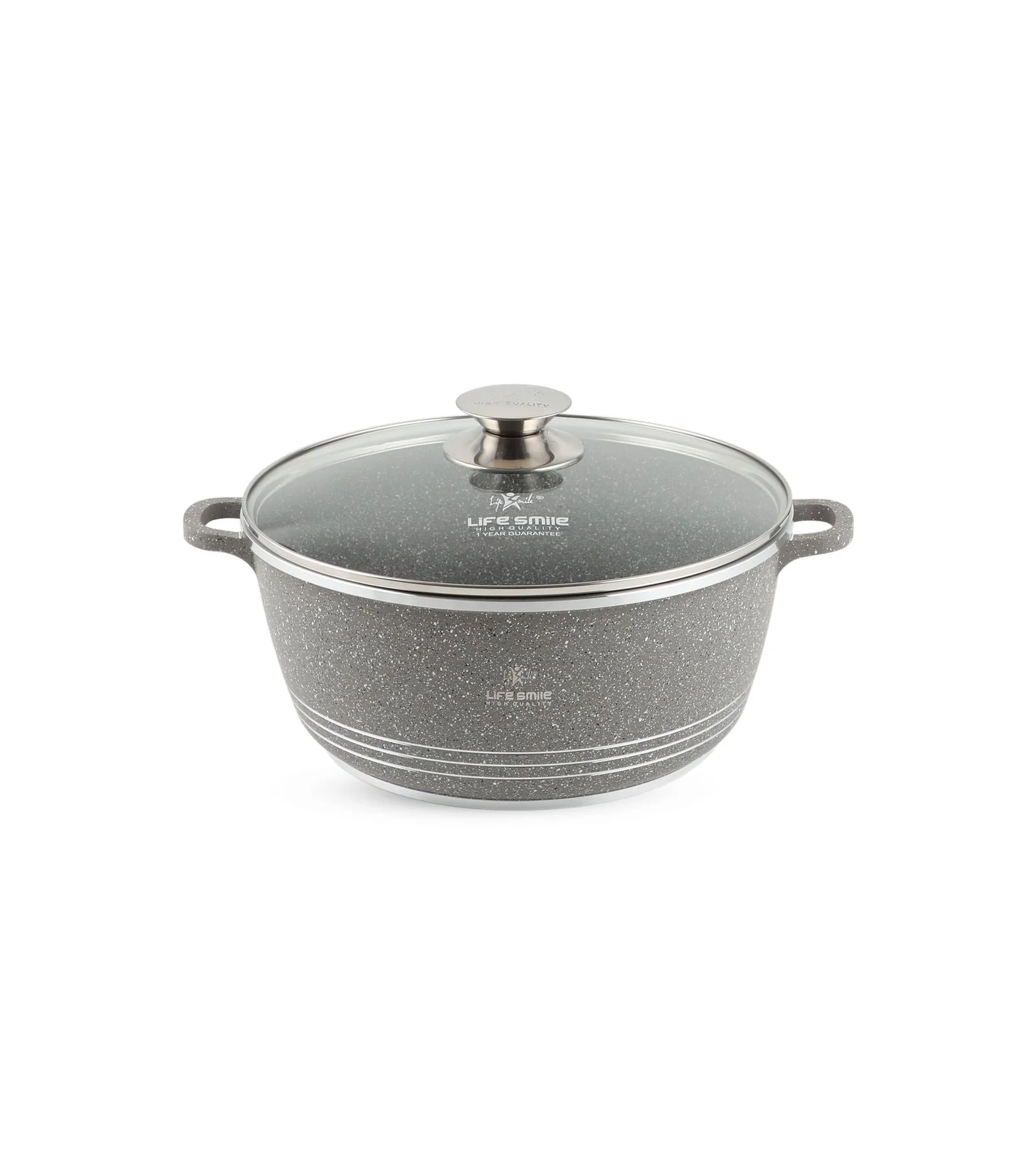 Life Smile 24cm Oven-Safe Granite Coating Cooking Pot with Glass Lid Beige/Black/Gray - Image 3