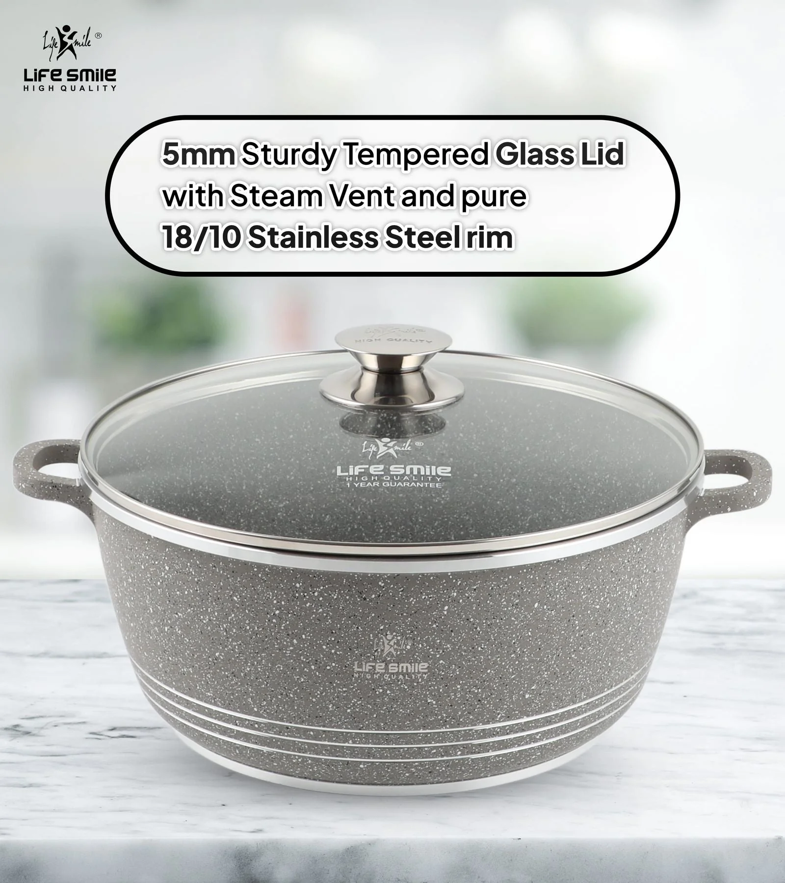 Life Smile 24cm Oven-Safe Granite Coating Cooking Pot with Glass Lid Beige/Black/Gray - Image 6