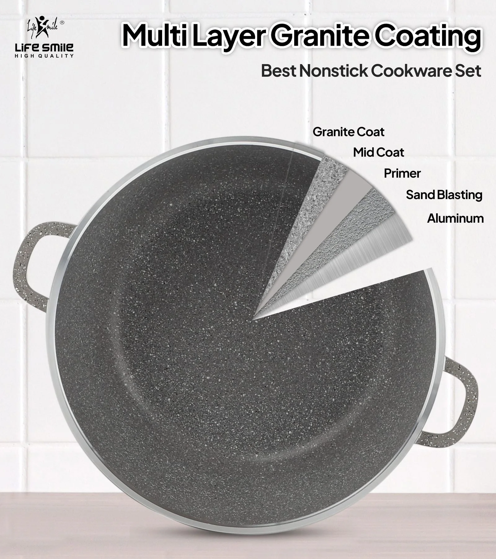 Life Smile 24cm Oven-Safe Granite Coating Cooking Pot with Glass Lid Beige/Black/Gray - Image 7