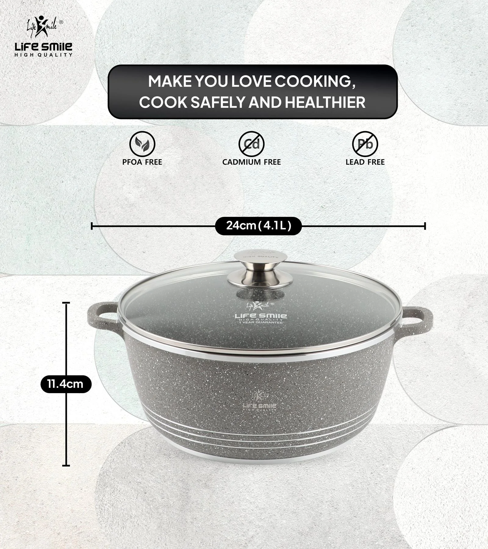 Life Smile 24cm Oven-Safe Granite Coating Cooking Pot with Glass Lid Beige/Black/Gray - Image 8