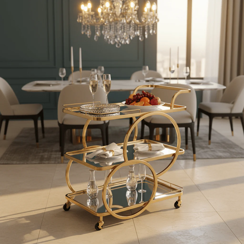 Life Smile 3-Tier Gold Metal & Glass Serving Trolley | Luxury Majlis Cart with Swivel Wheels | 80×70×40 cm | - Image 3