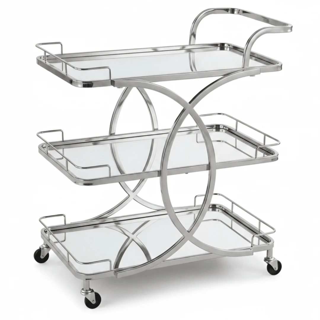 Life Smile 3-Tier Silver Chrome Metal & Mirror Glass Serving Trolley | Multi-Purpose Rolling Cart with Circular Frame | 80×70×40 cm |