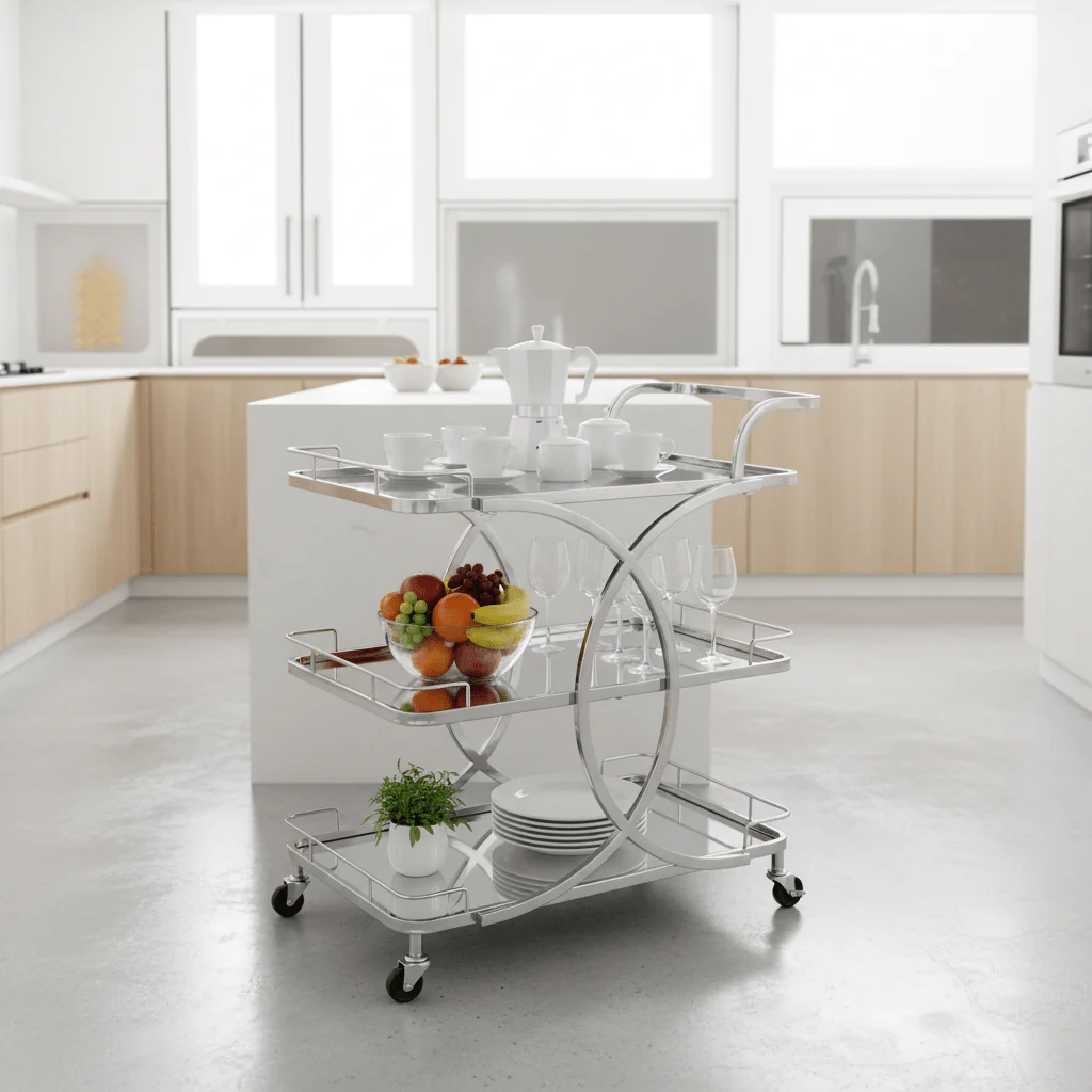 Life Smile 3-Tier Silver Chrome Metal & Mirror Glass Serving Trolley | Multi-Purpose Rolling Cart with Circular Frame | 80×70×40 cm | - Image 3