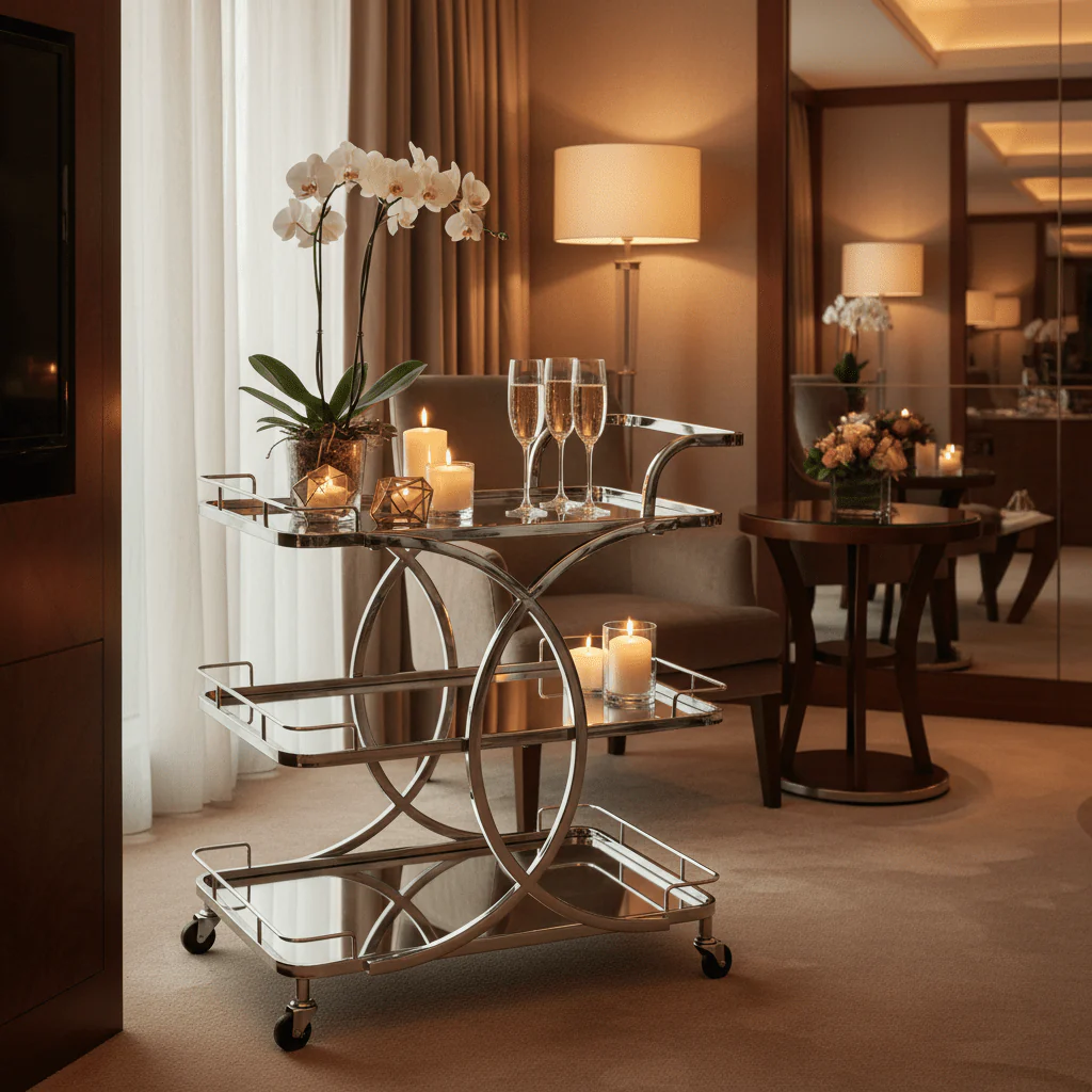 Life Smile 3-Tier Silver Chrome Metal & Mirror Glass Serving Trolley | Multi-Purpose Rolling Cart with Circular Frame | 80×70×40 cm | - Image 4