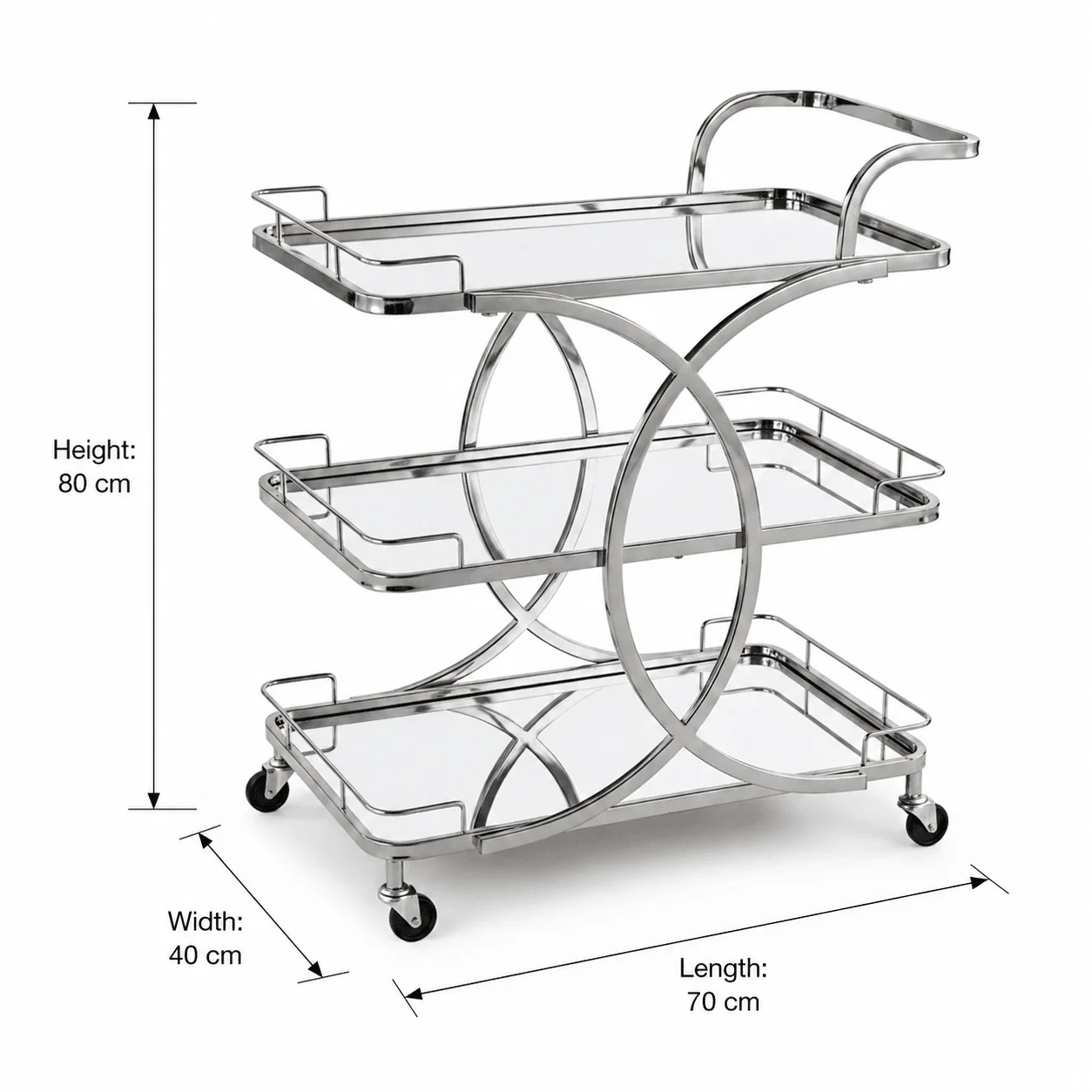 Life Smile 3-Tier Silver Chrome Metal & Mirror Glass Serving Trolley | Multi-Purpose Rolling Cart with Circular Frame | 80×70×40 cm | - Image 5