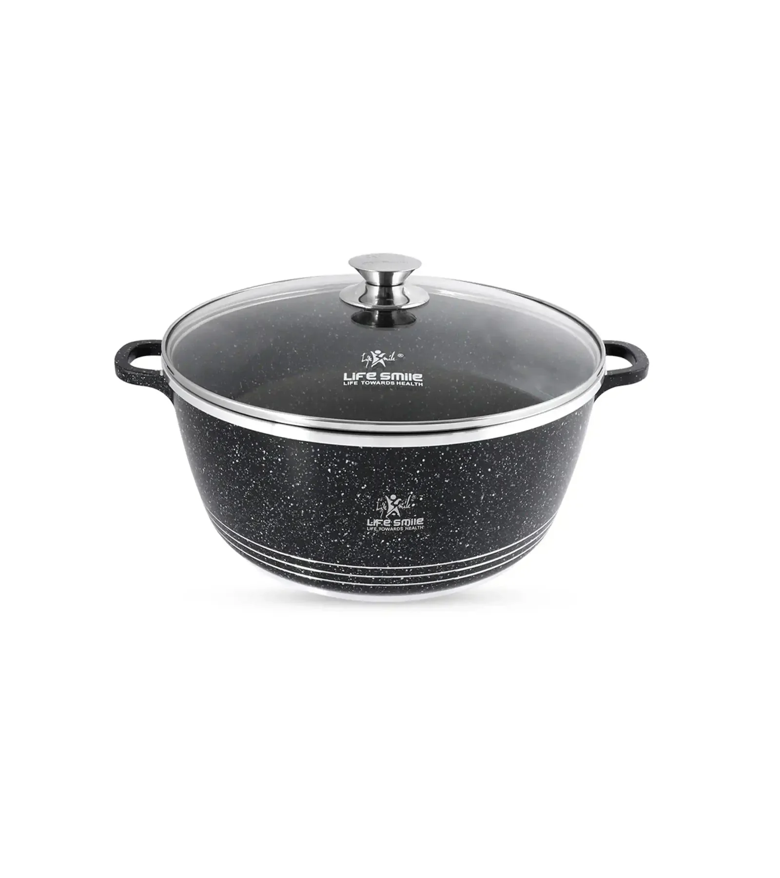 Life Smile 32cm Oven-Safe Granite Coating Cooking Pot with Glass Lid Beige/Black - Image 2