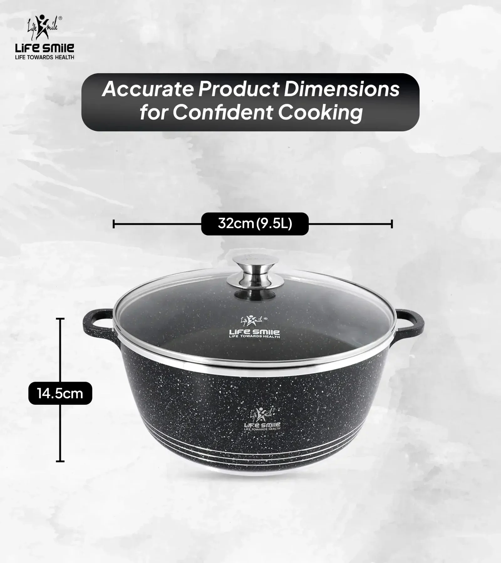 Life Smile 32cm Oven-Safe Granite Coating Cooking Pot with Glass Lid Beige/Black - Image 3