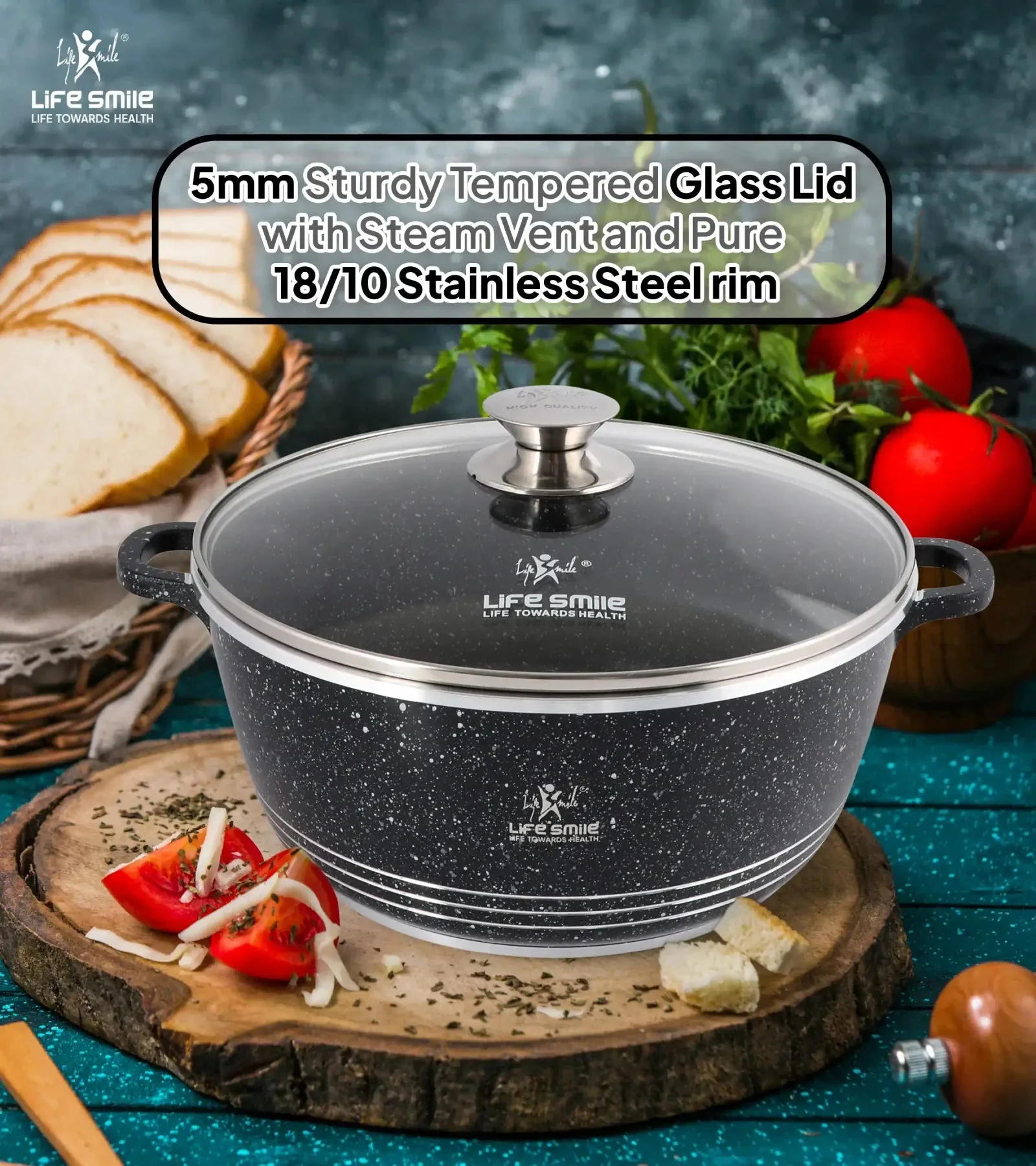 Life Smile 32cm Oven-Safe Granite Coating Cooking Pot with Glass Lid Beige/Black - Image 6