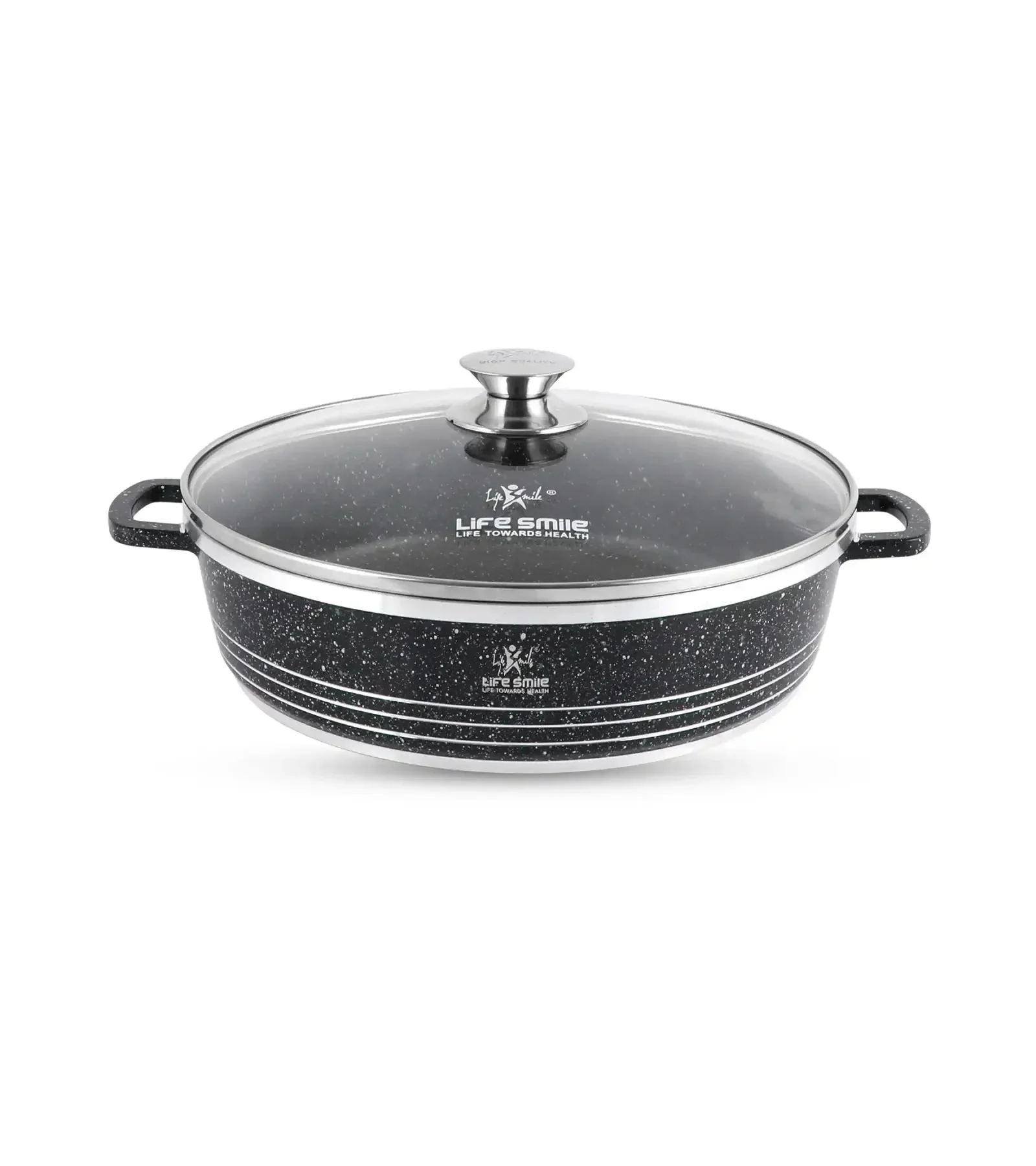 Life Smile 32cm Oven-Safe Granite Coating Cooking Pot with Glass Lid Beige/Black/Gray - Image 2