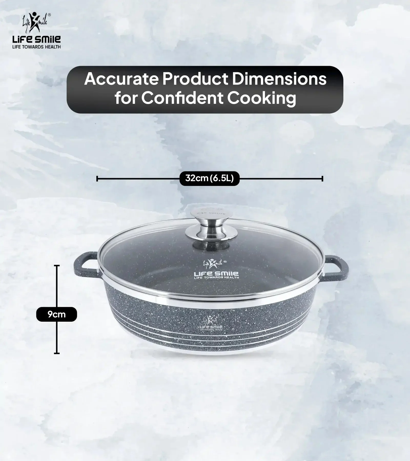 Life Smile 32cm Oven-Safe Granite Coating Cooking Pot with Glass Lid Beige/Black/Gray - Image 4