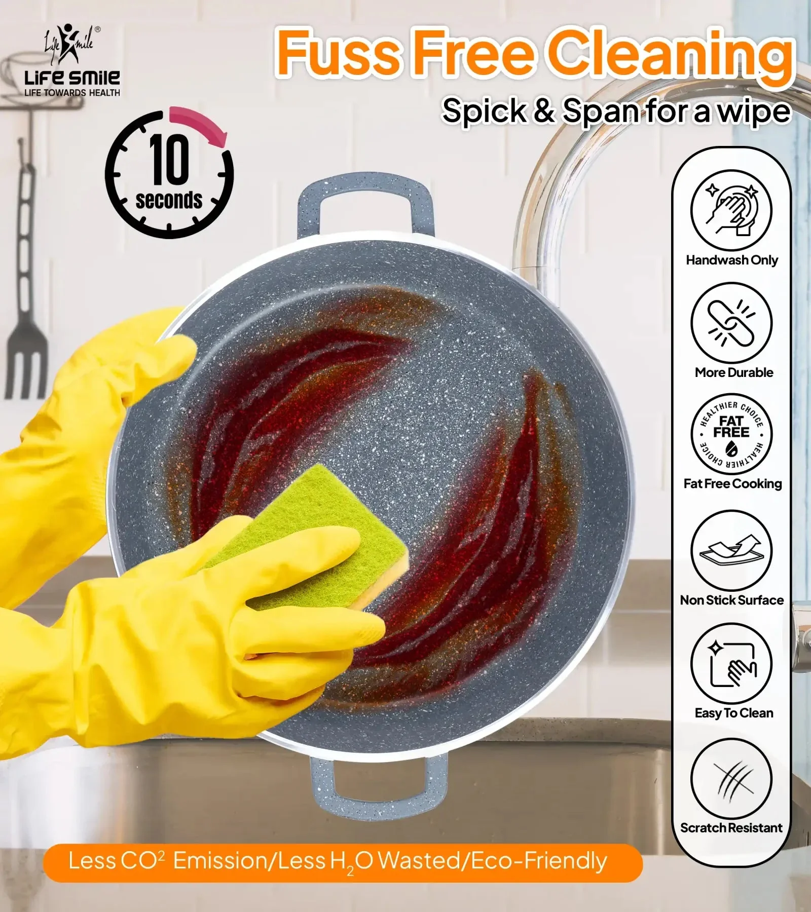 Life Smile 32cm Oven-Safe Granite Coating Cooking Pot with Glass Lid Beige/Black/Gray - Image 5