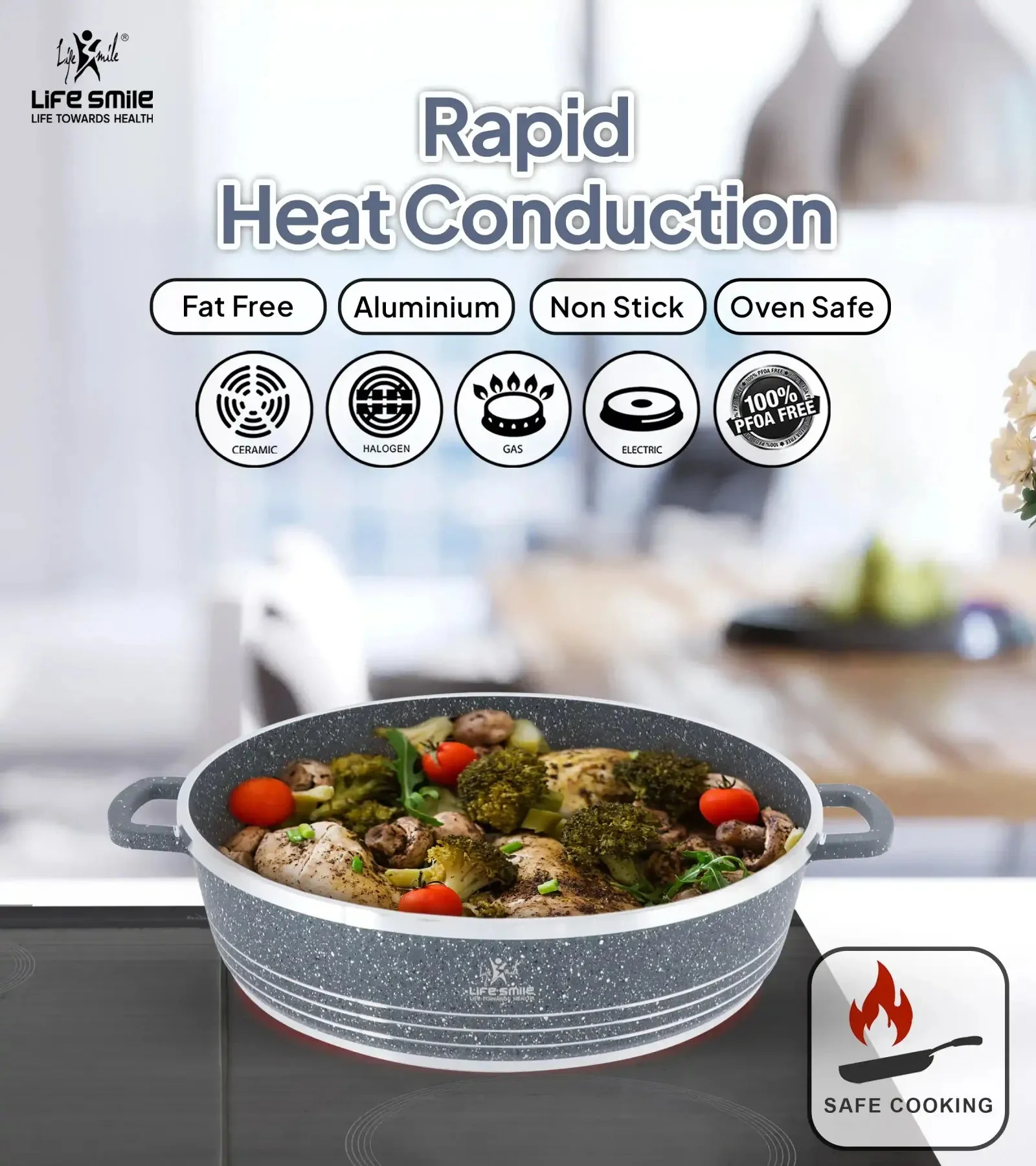 Life Smile 32cm Oven-Safe Granite Coating Cooking Pot with Glass Lid Beige/Black/Gray - Image 6