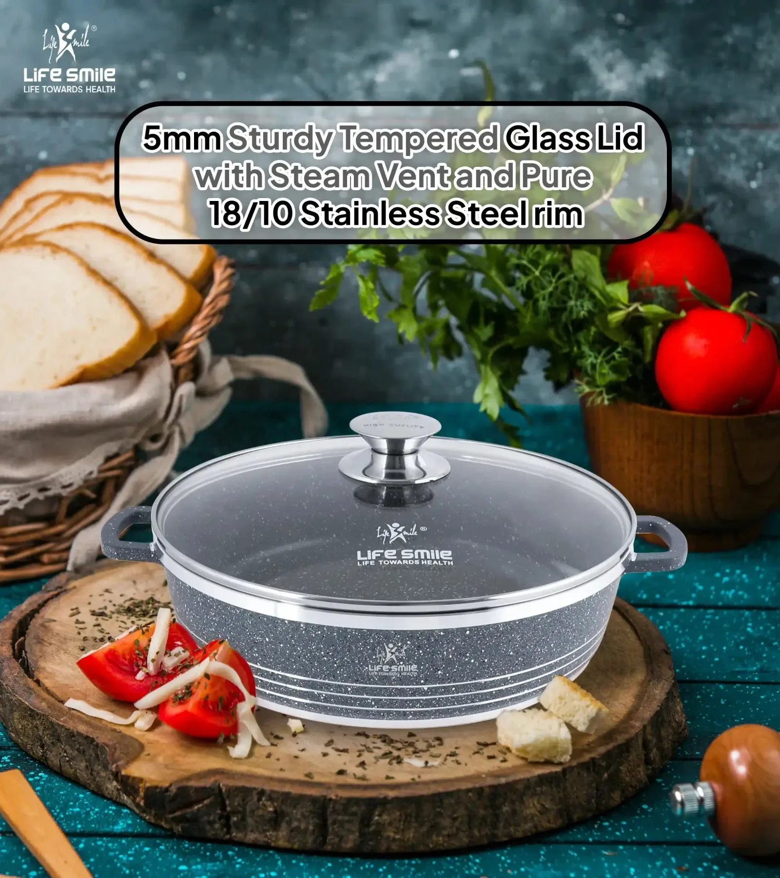 Life Smile 32cm Oven-Safe Granite Coating Cooking Pot with Glass Lid Beige/Black/Gray - Image 7