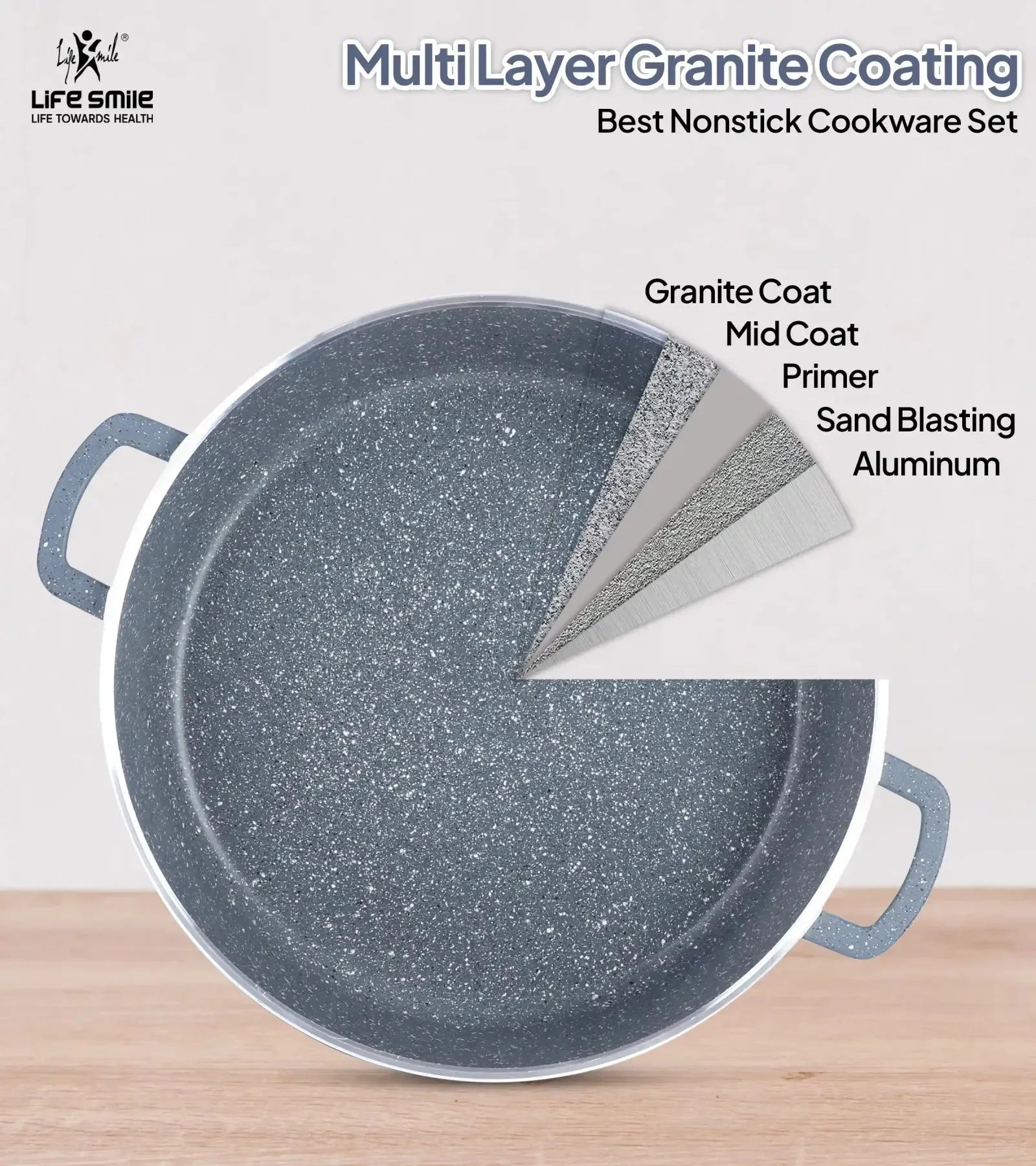 Life Smile 32cm Oven-Safe Granite Coating Cooking Pot with Glass Lid Beige/Black/Gray - Image 8