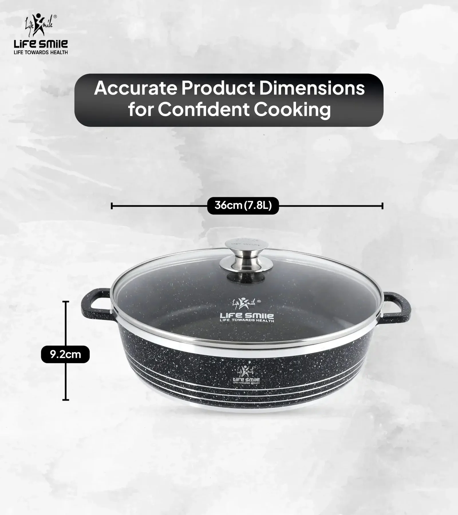 Life Smile 36cm Oven-Safe Granite Coating Cooking Pot with Glass Lid Beige/Black - Image 3
