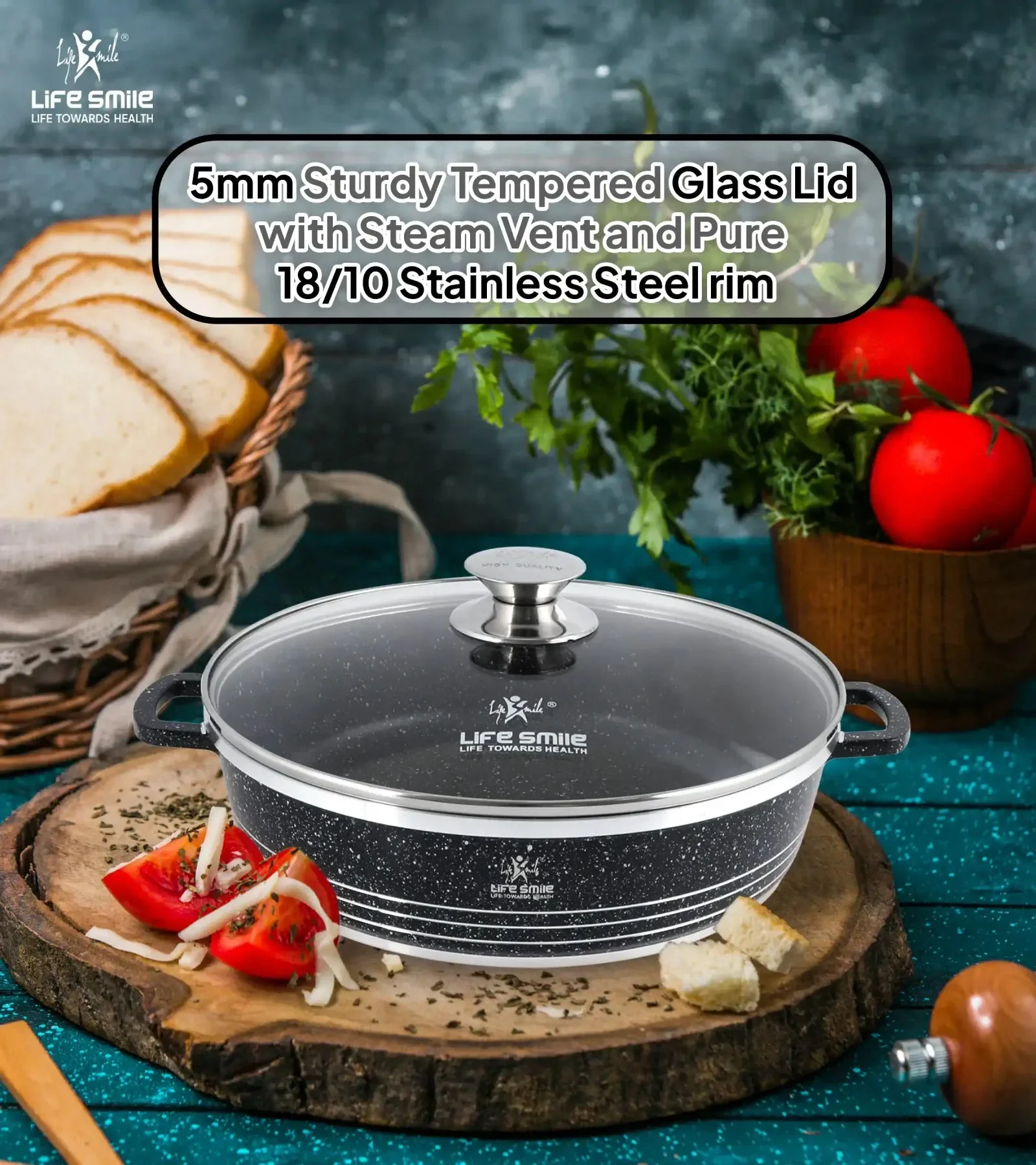 Life Smile 36cm Oven-Safe Granite Coating Cooking Pot with Glass Lid Beige/Black - Image 7