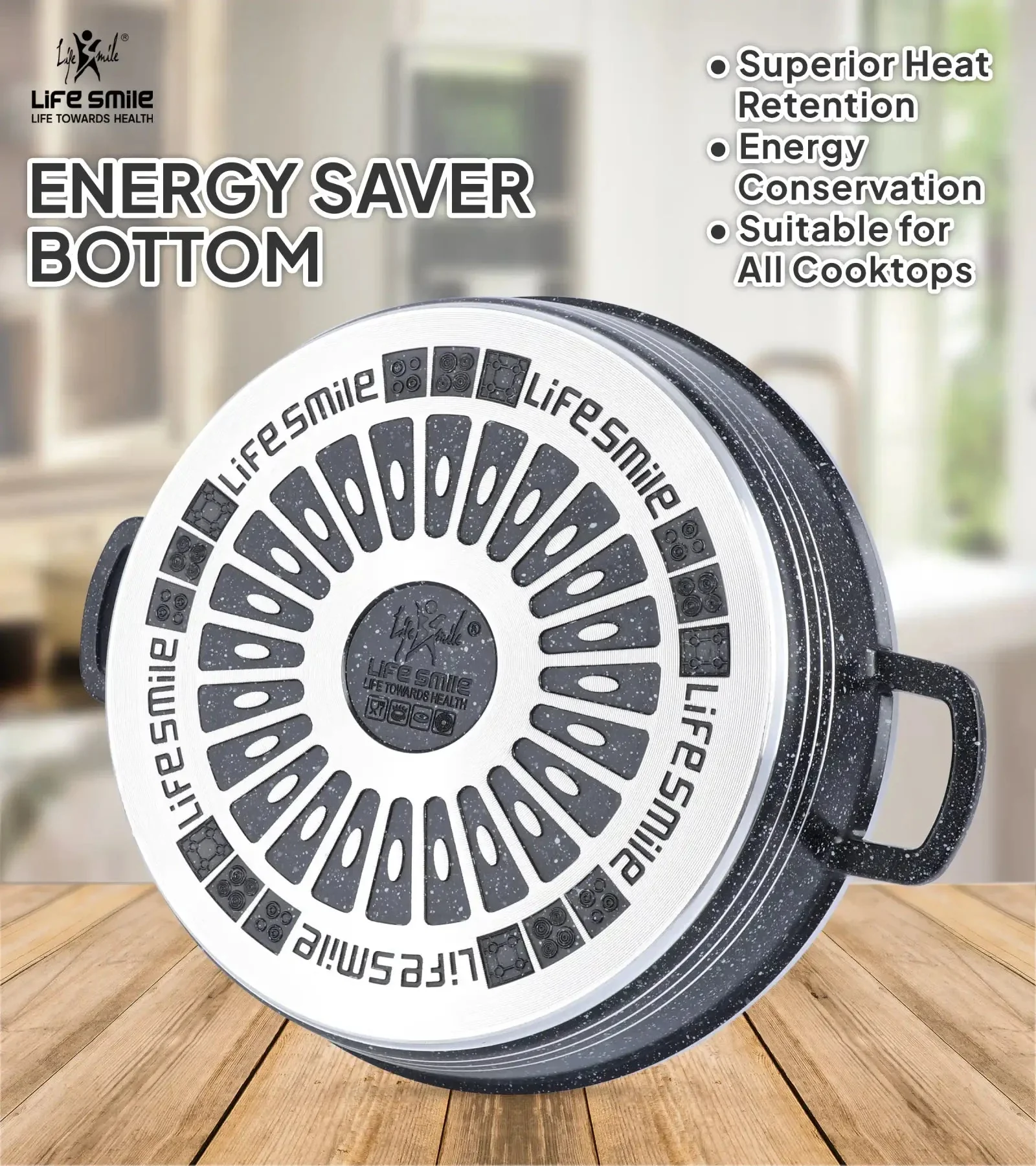 Life Smile 36cm Oven-Safe Granite Coating Cooking Pot with Glass Lid Beige/Black - Image 8