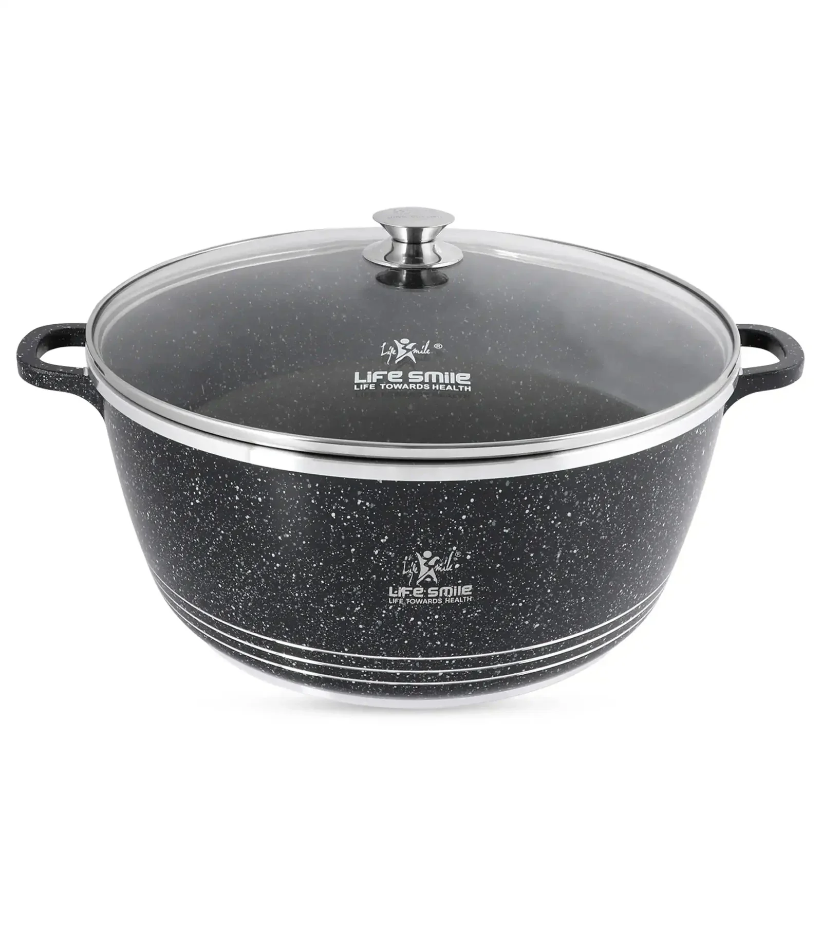 Life Smile 44cm Oven-Safe Granite Coating Cooking Pot with Glass Lid Beige/Black/Gray - Image 2