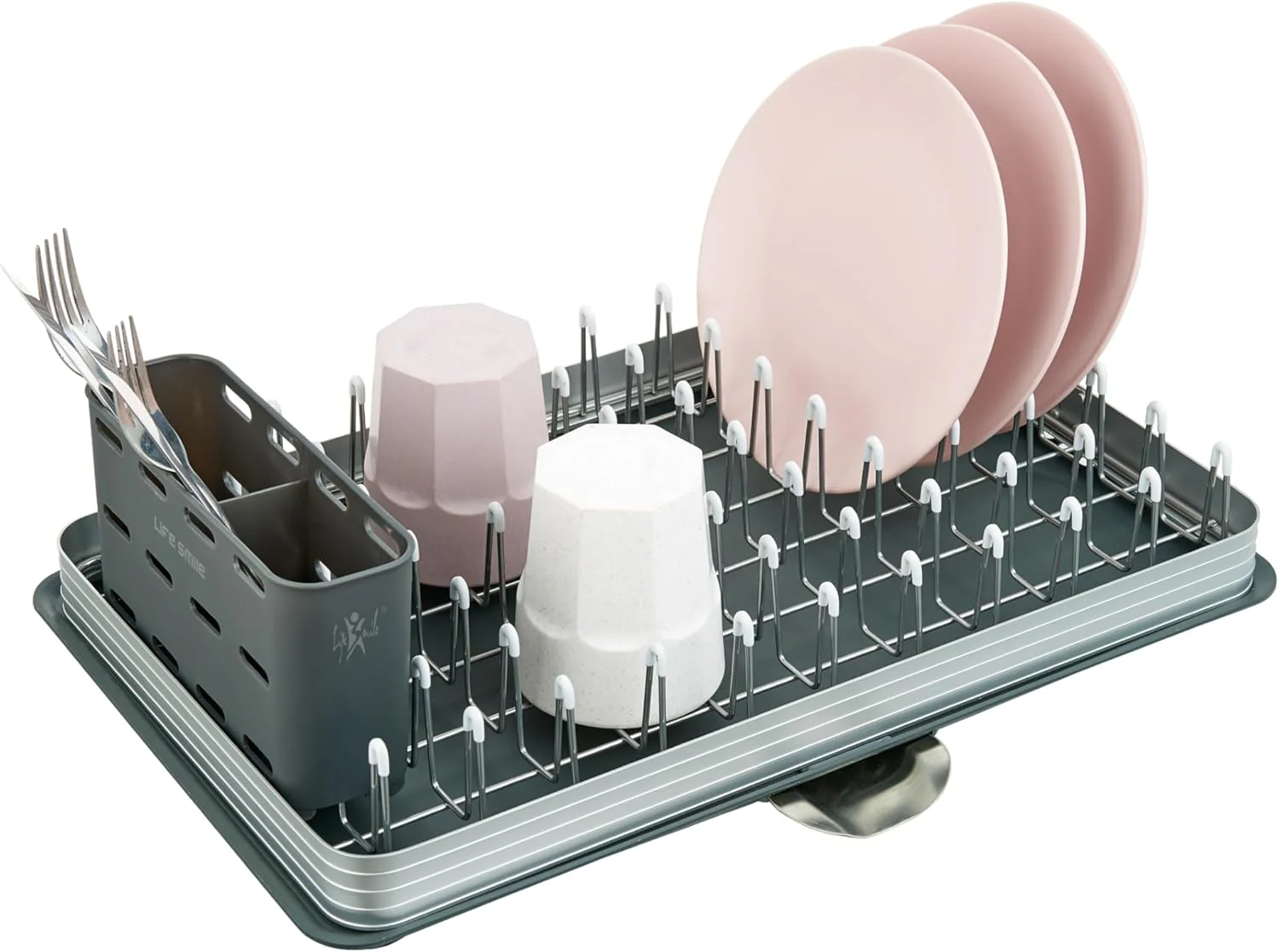 Life Smile Aluminum 1 tier Dish Drying Rack,Never Rust Dish Rack with Removable Cutlery Holder & Cup Holder, 360° Swivel Spout Drain Board 48.5cmX31.9cmX14.2cm-Grey