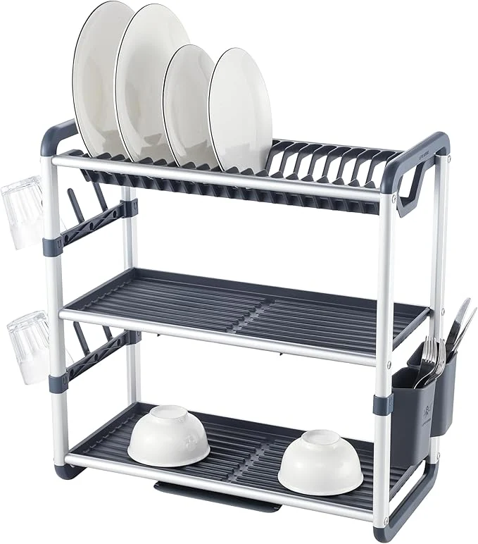 Life Smile Aluminum 3 Tier Dish Drying Rack with Bowl Shelf, Drainer, Cutlery and Cup Holder 60.9cmX26.7cmX57.7cm-White&grey