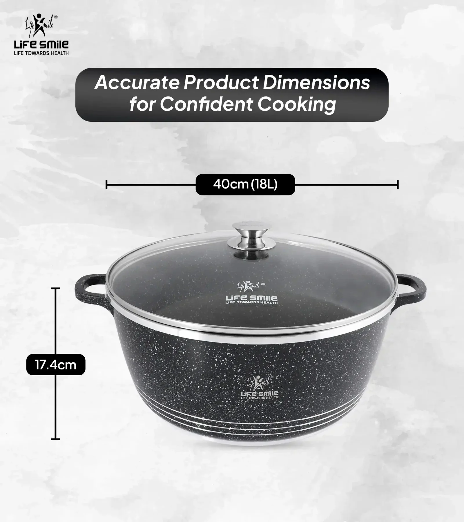 Life Smile 40cm Oven-Safe Granite Coating Cooking Pot with Glass Lid Beige/Black - Image 3