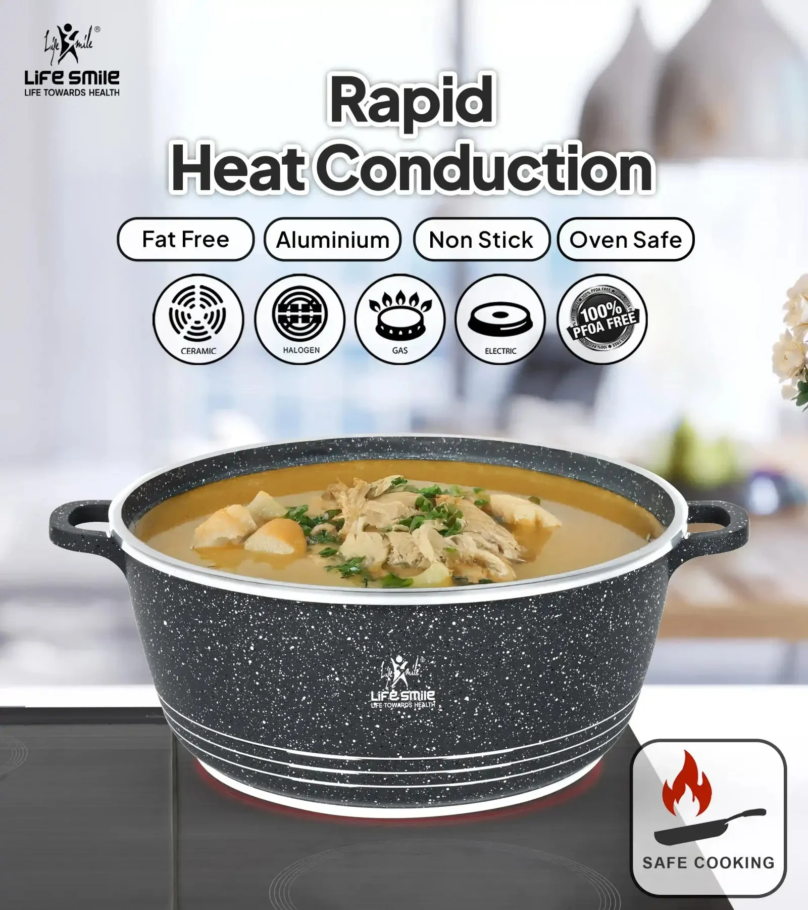 Life Smile 40cm Oven-Safe Granite Coating Cooking Pot with Glass Lid Beige/Black - Image 6