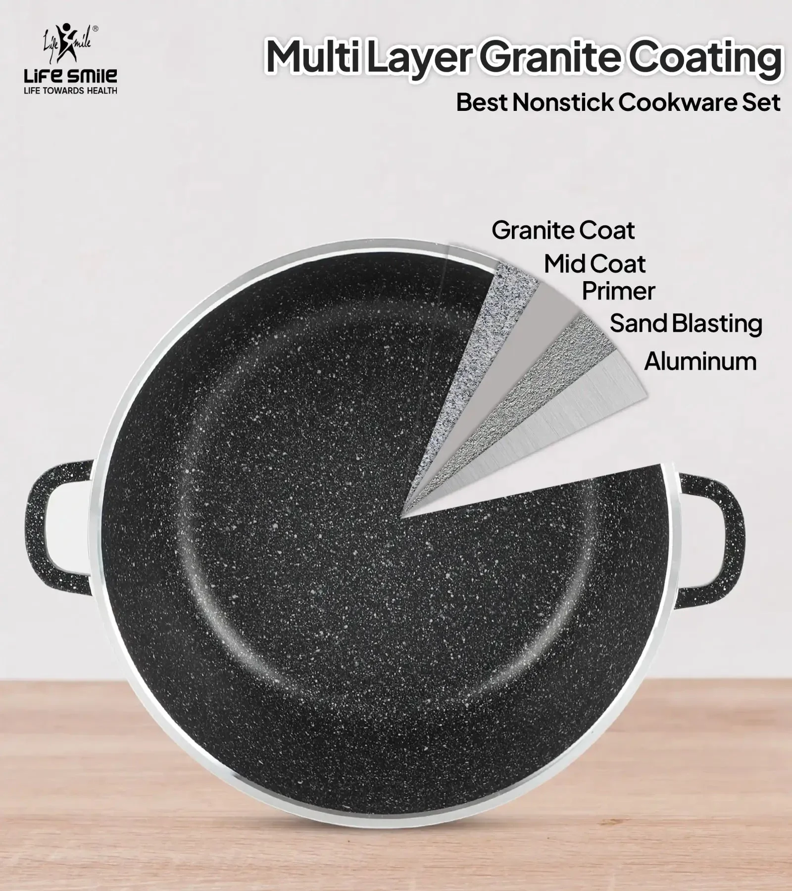 Life Smile 40cm Oven-Safe Granite Coating Cooking Pot with Glass Lid Beige/Black - Image 8