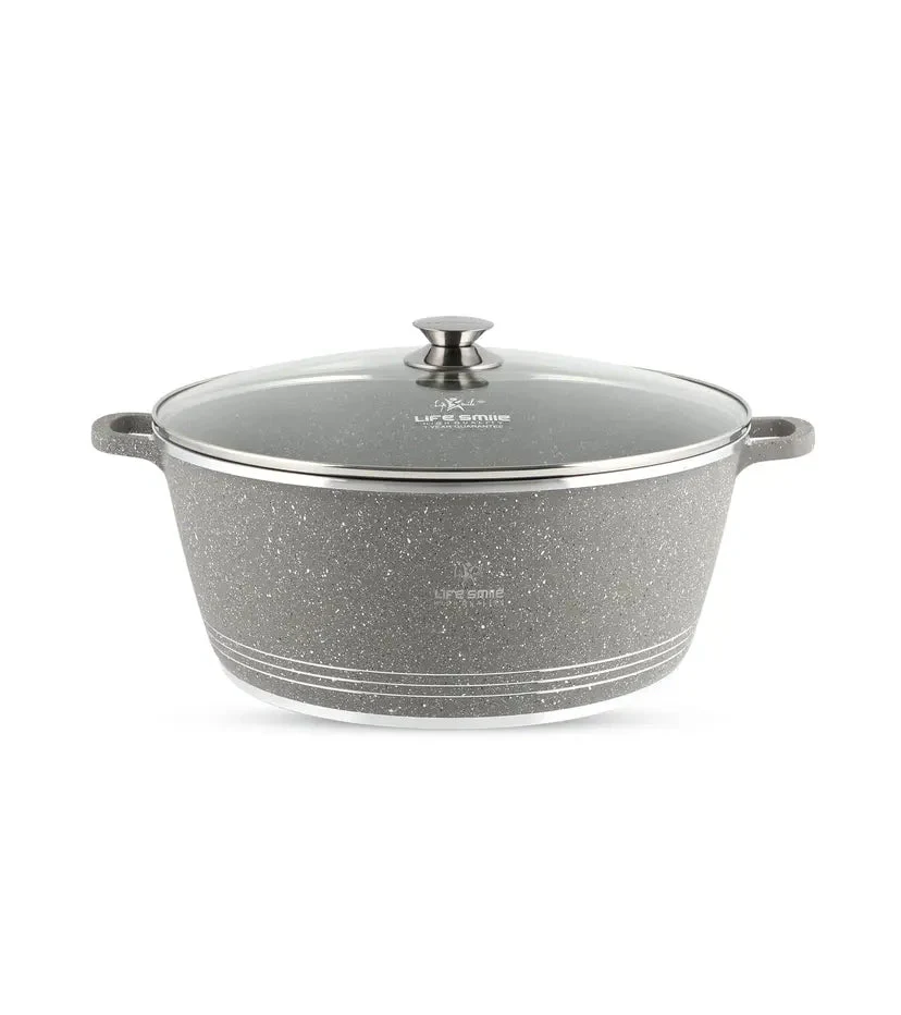Life Smile 36cm Oven-Safe Granite Coating Cooking Pot with Glass Lid Beige/Black/Gray - Image 3