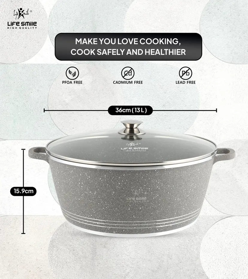 Life Smile 36cm Oven-Safe Granite Coating Cooking Pot with Glass Lid Beige/Black/Gray - Image 4