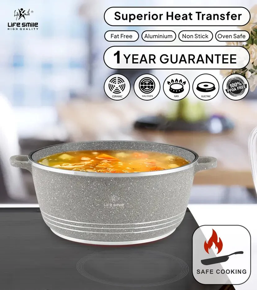 Life Smile 36cm Oven-Safe Granite Coating Cooking Pot with Glass Lid Beige/Black/Gray - Image 7