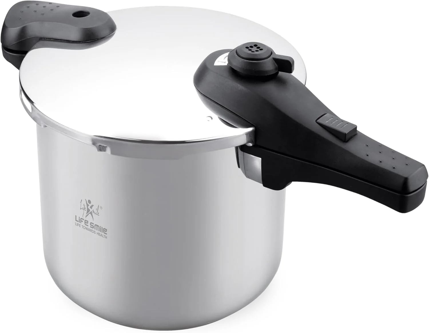 Life Smile 10L Pressure Cooker – 18/10 Stainless Steel, Push Button Lock System, Induction Compatible, Heat-Resistant Handles, Silver