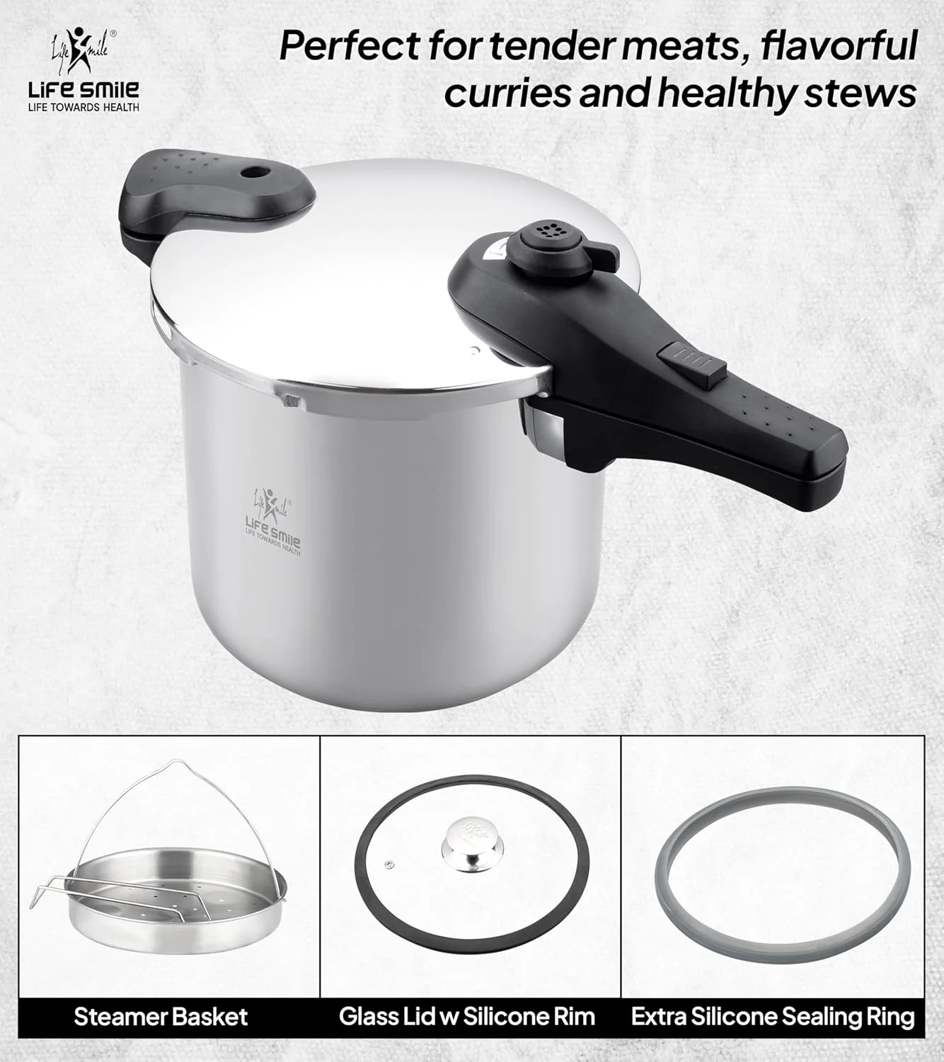 Life Smile 10L Pressure Cooker – 18/10 Stainless Steel, Push Button Lock System, Induction Compatible, Heat-Resistant Handles, Silver - Image 2