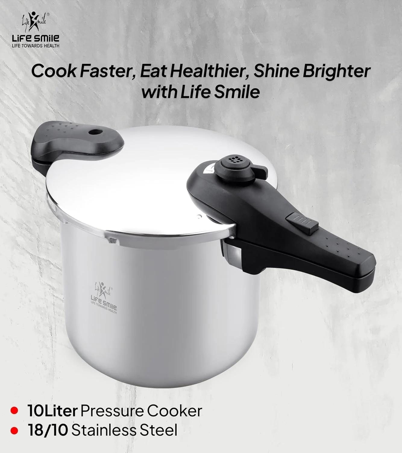 Life Smile 10L Pressure Cooker – 18/10 Stainless Steel, Push Button Lock System, Induction Compatible, Heat-Resistant Handles, Silver - Image 6
