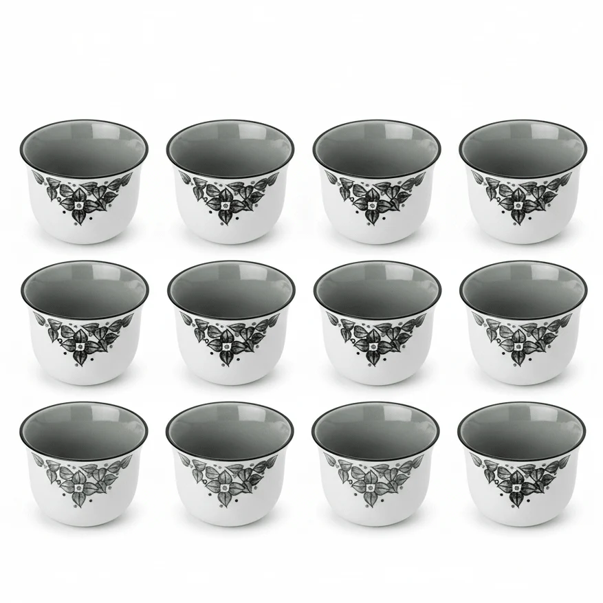 Lilac 12pcs White Ceramic Cawa Cup Set with Silver Rim and Black Leaf Artistic Design 80ml Elegant Espresso Cups for Coffee Tea and Special Occasions
